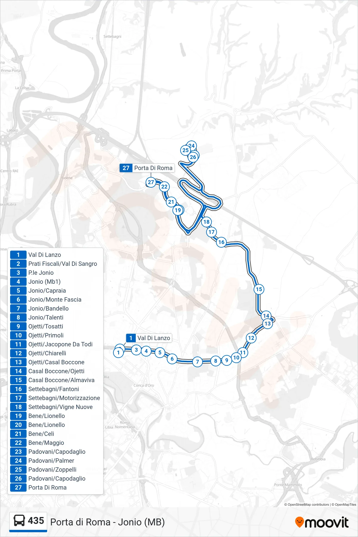435 bus Line (Porta Di Roma) route and stops on a map