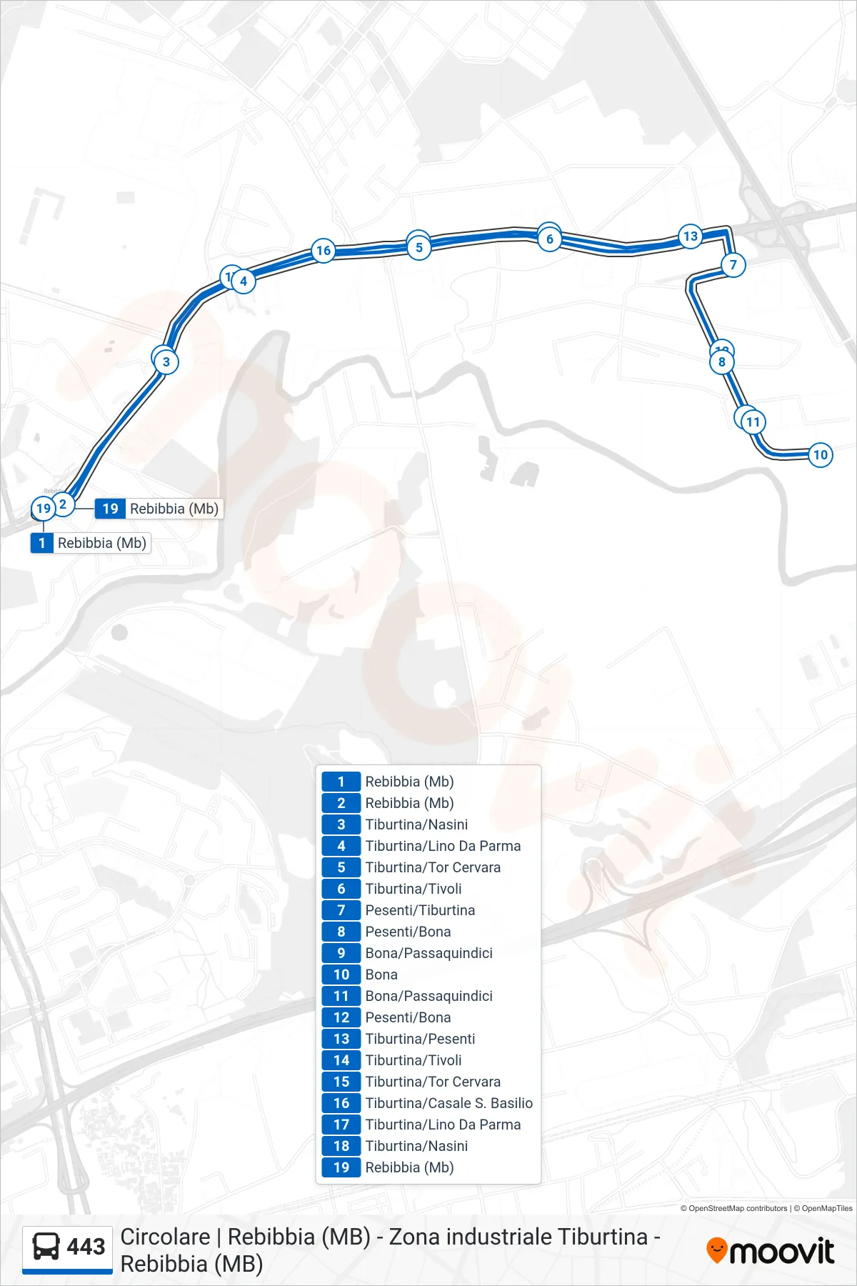 Linea 443 bus (Rebibbia (Mb)) - Percorsi e fermate sulla mappa