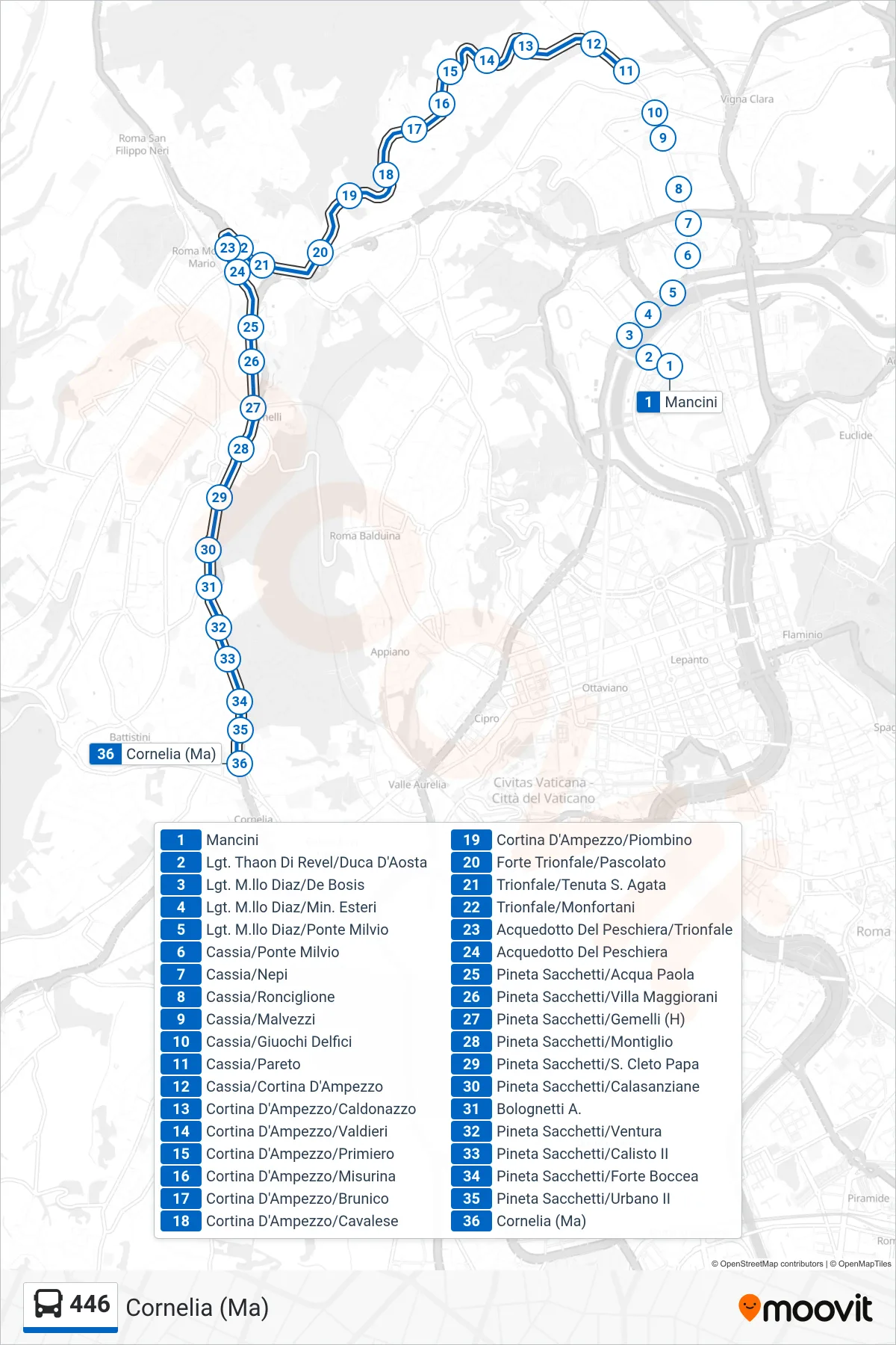 Linea 446 bus (Cornelia (Ma)) - Percorsi e fermate sulla mappa