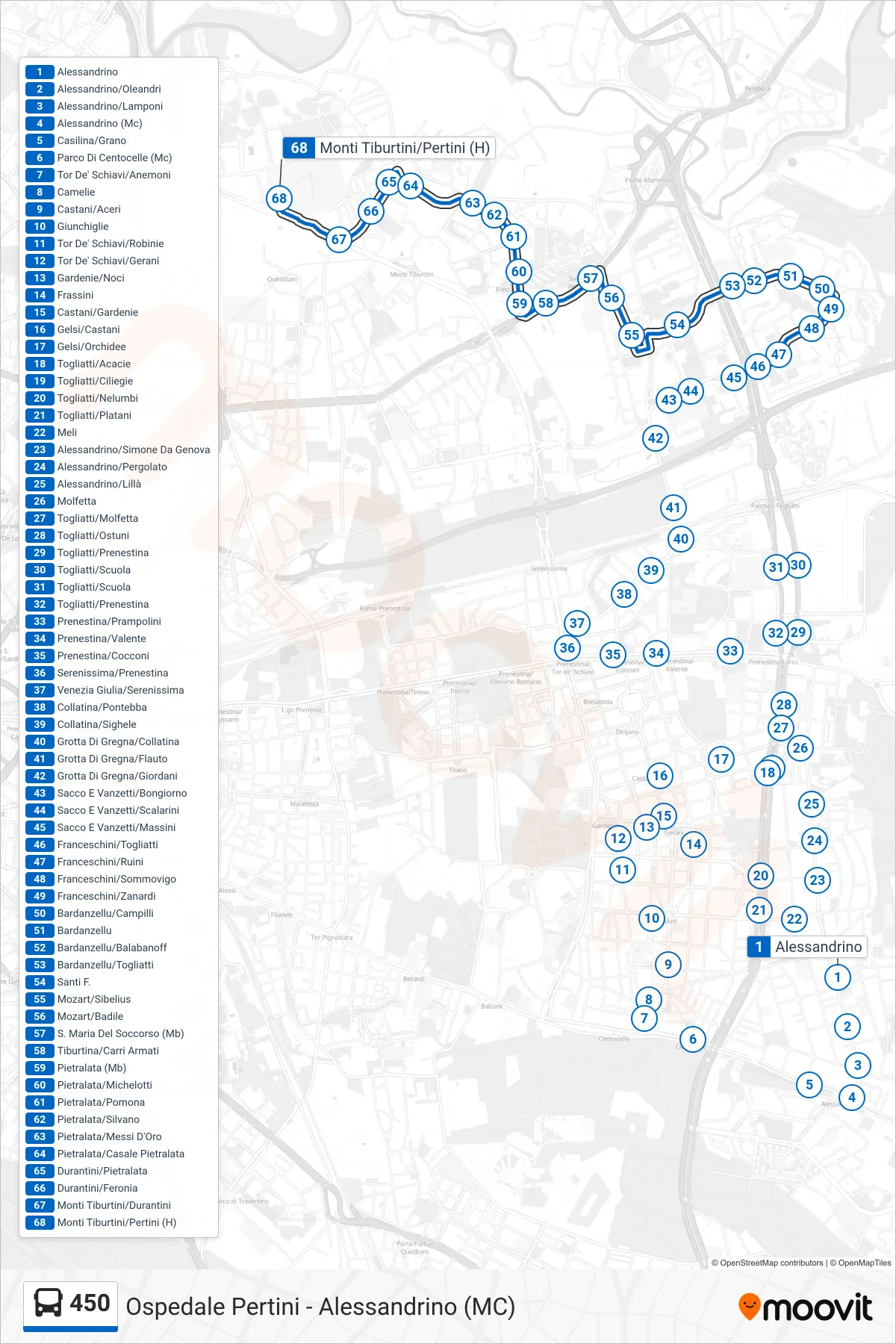 Linea 450 bus (Monti Tiburtini/Pertini (H)) - Percorsi e fermate sulla mappa