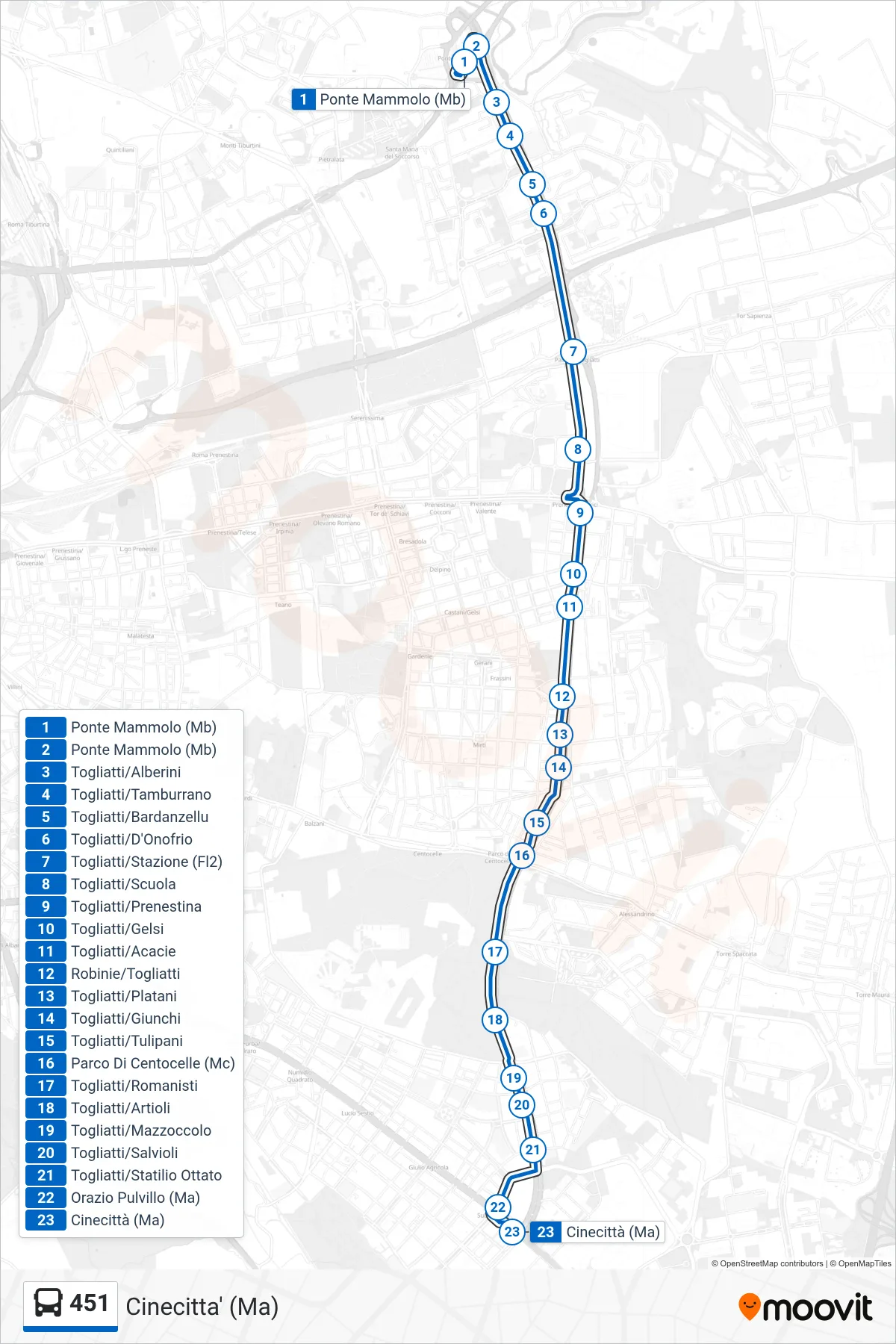 Linea 451  bus (Cinecitta' (Ma)) - Percorsi e fermate sulla mappa