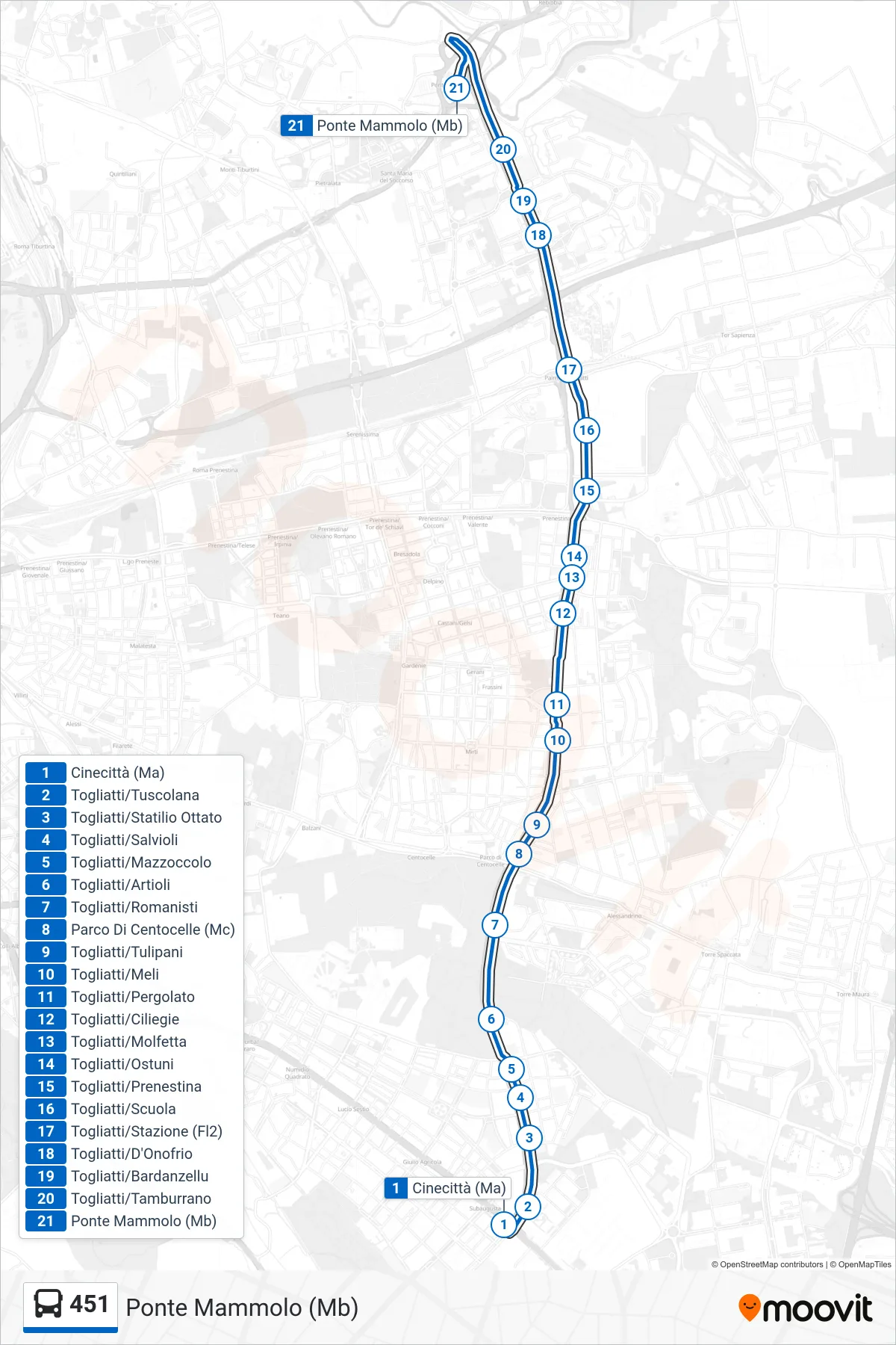 Linea 451 bus (Ponte Mammolo (Mb)) - Percorsi e fermate sulla mappa