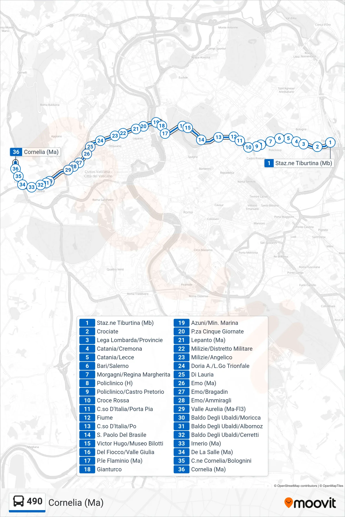 Linea 490 bus (Cornelia (Ma)) - Percorsi e fermate sulla mappa