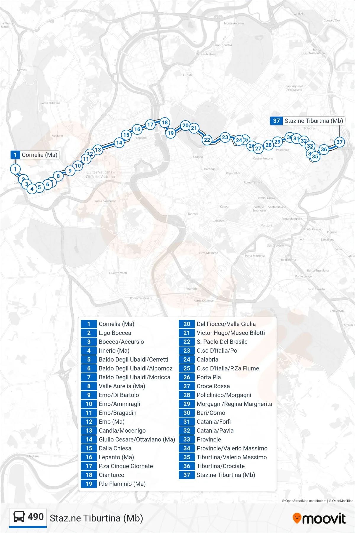 Linea 490  bus (Staz.ne Tiburtina (Mb)) - Percorsi e fermate sulla mappa