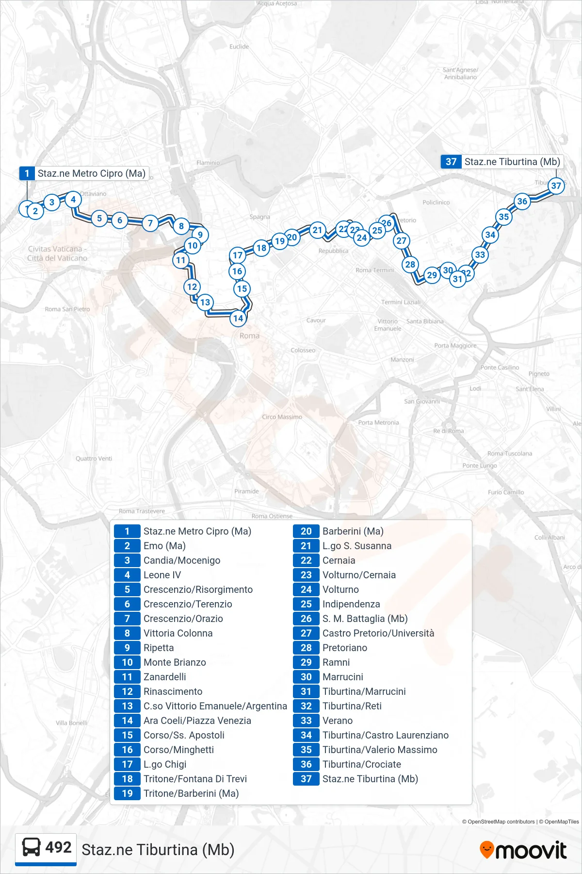 Linea 492 bus (Staz.ne Tiburtina (Mb)) - Percorsi e fermate sulla mappa