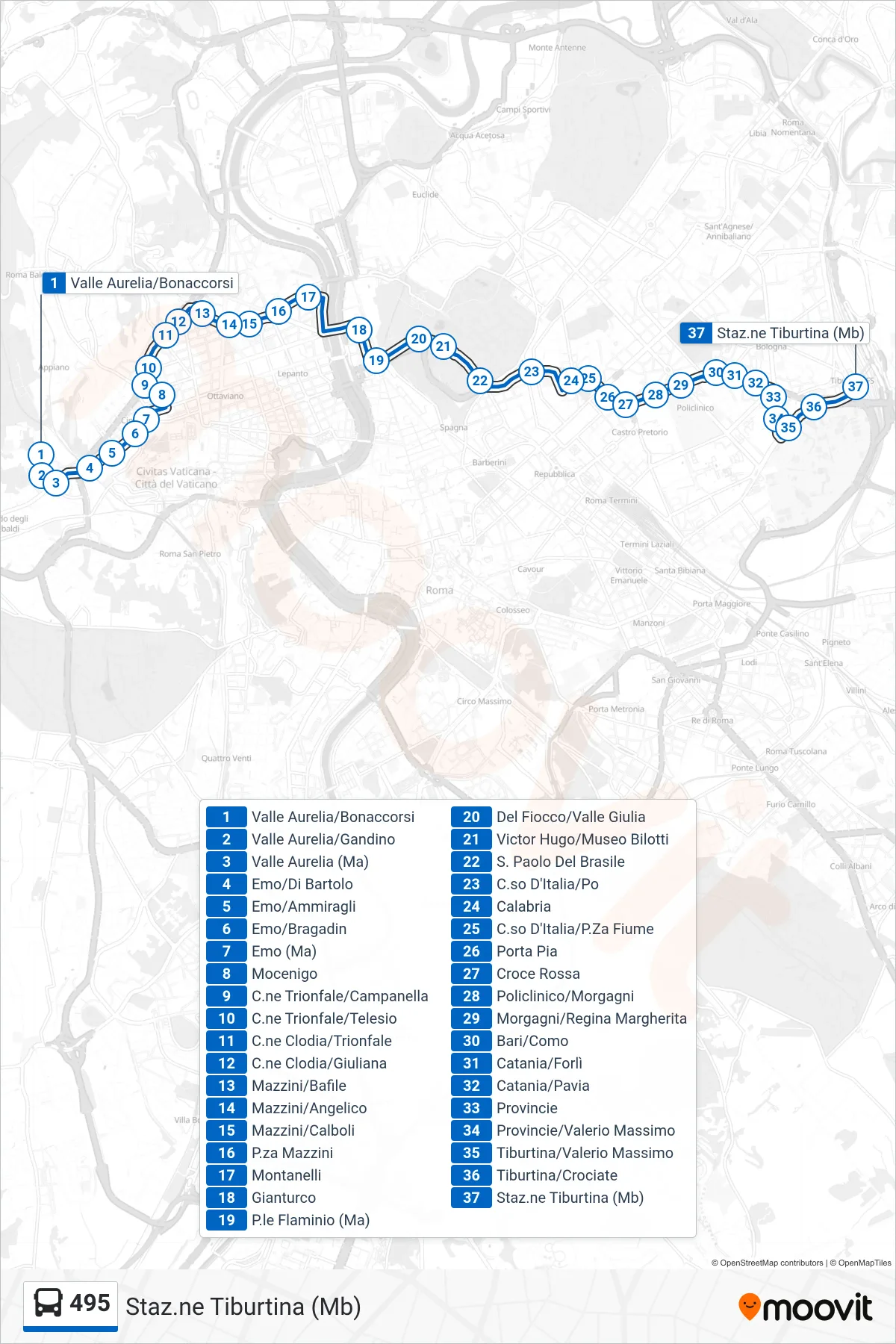 495 bus Line (Tiburtina Station (Metro B)) route and stops on a map