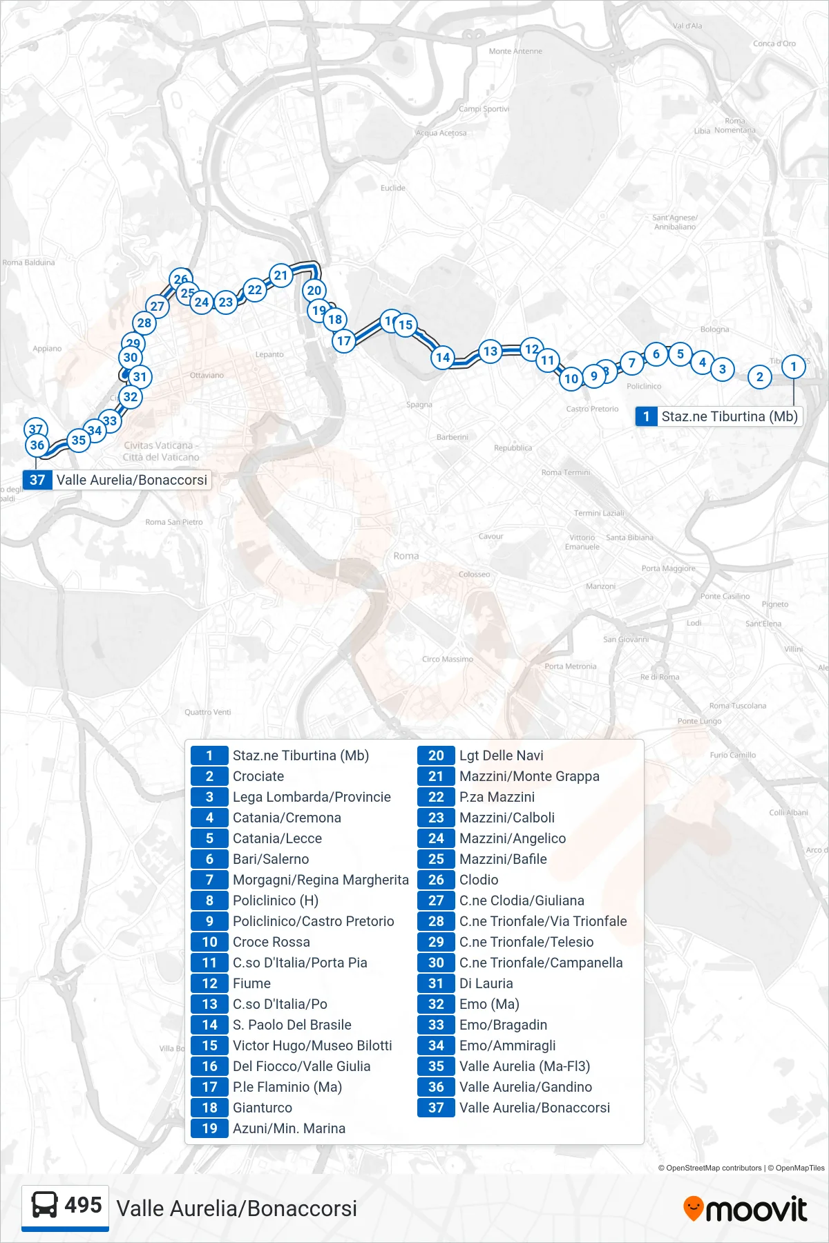 Linea 495 bus (Valle Aurelia/Bonaccorsi) - Percorsi e fermate sulla mappa
