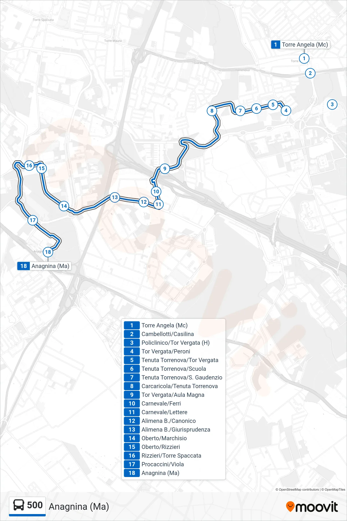 Linea 500 bus (Anagnina (Ma)) - Percorsi e fermate sulla mappa