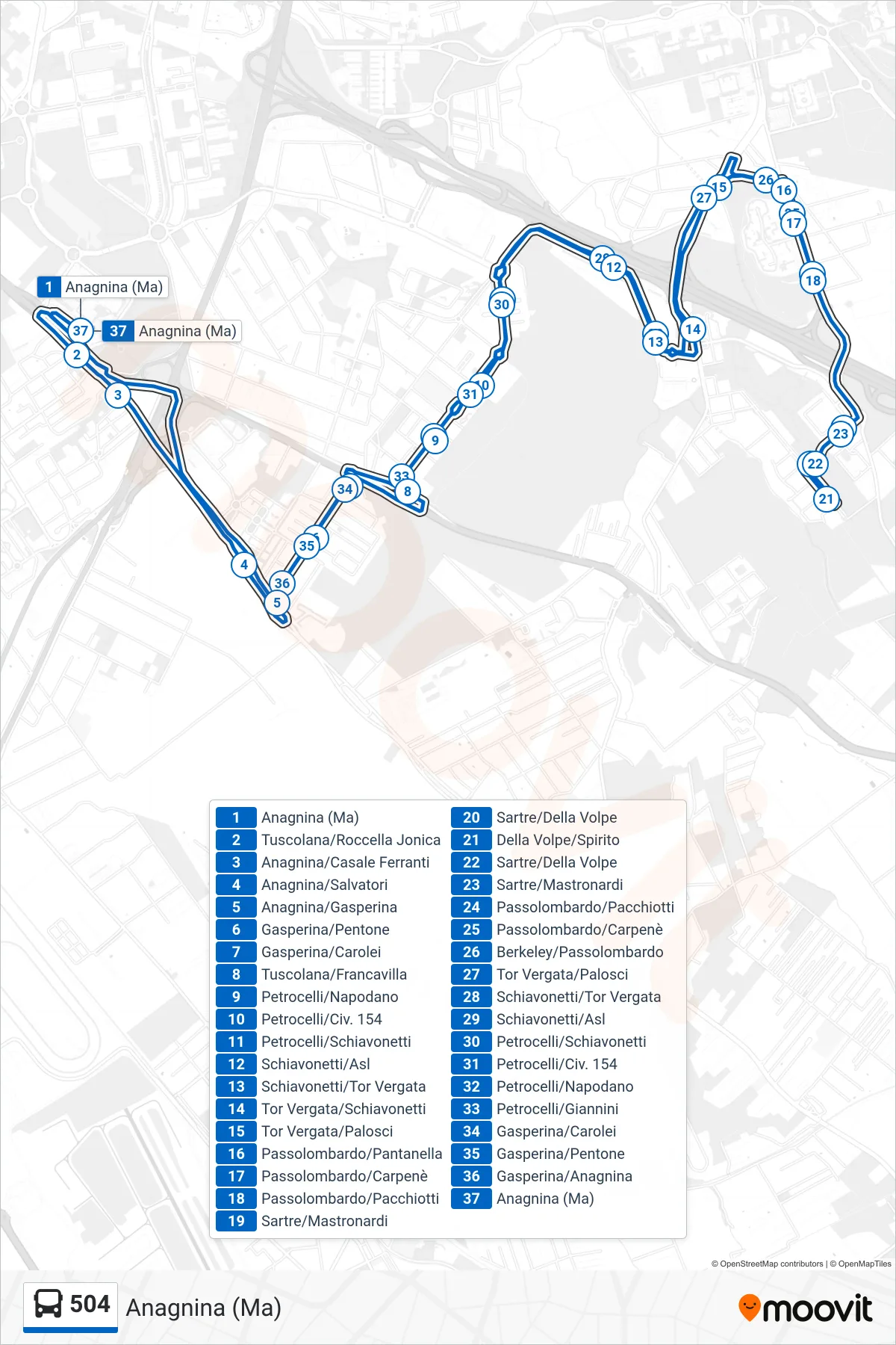 Linea 504 bus (Anagnina (Ma)) - Percorsi e fermate sulla mappa