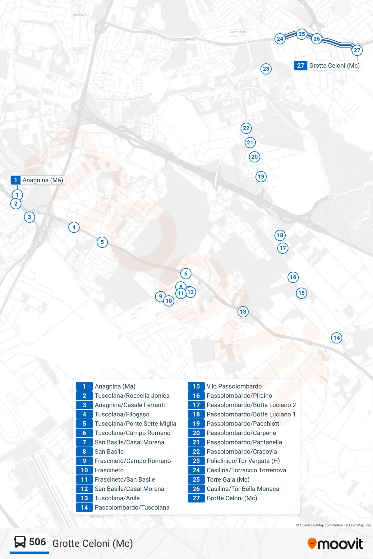 Linea 506 bus (Grotte Celoni (Mc)) - Percorsi e fermate sulla mappa