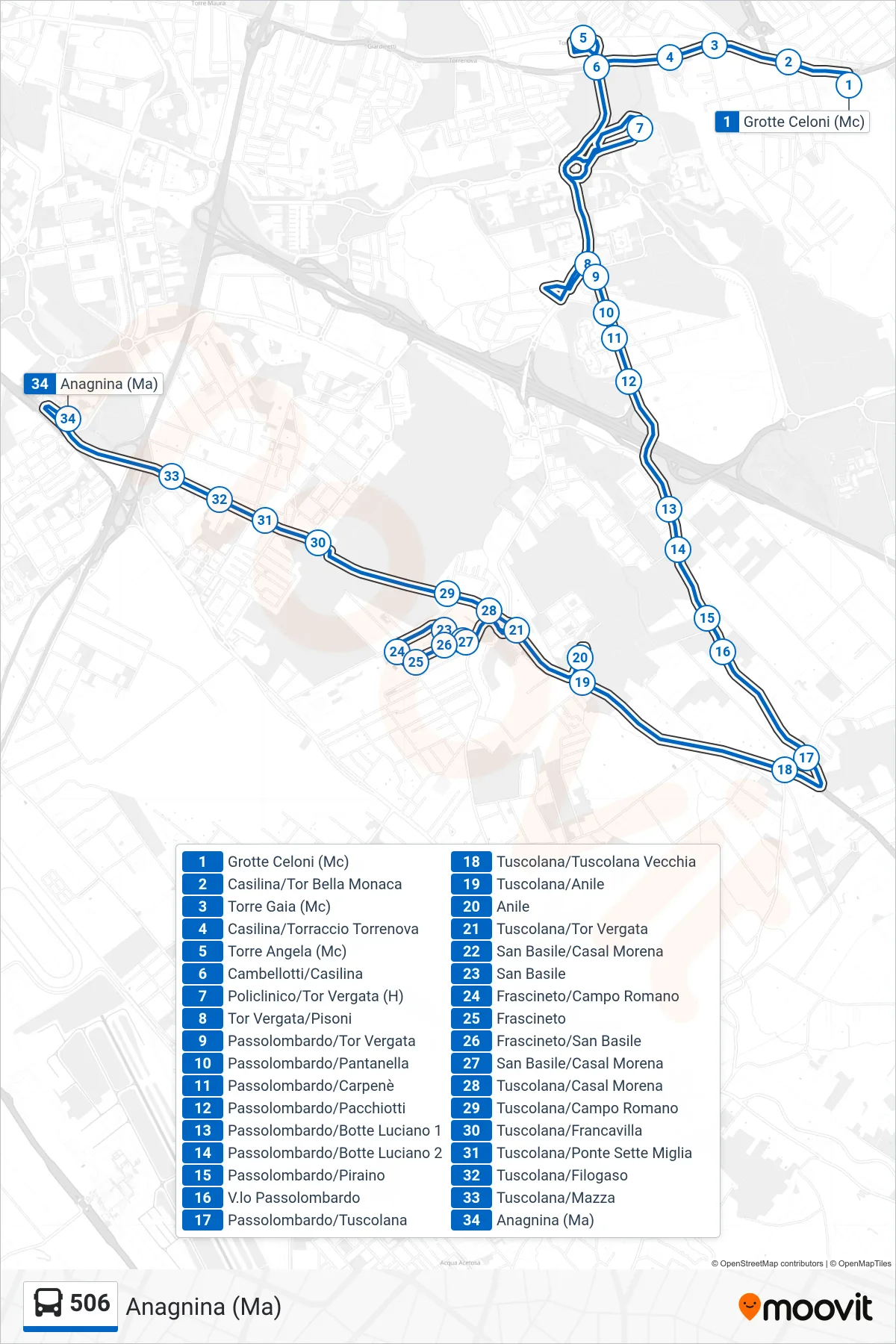 Linea 506 bus (Anagnina (Ma)) - Percorsi e fermate sulla mappa