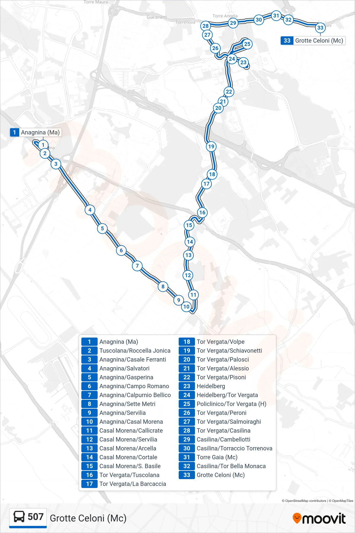 Linea 507 bus (Grotte Celoni (Mc)) - Percorsi e fermate sulla mappa