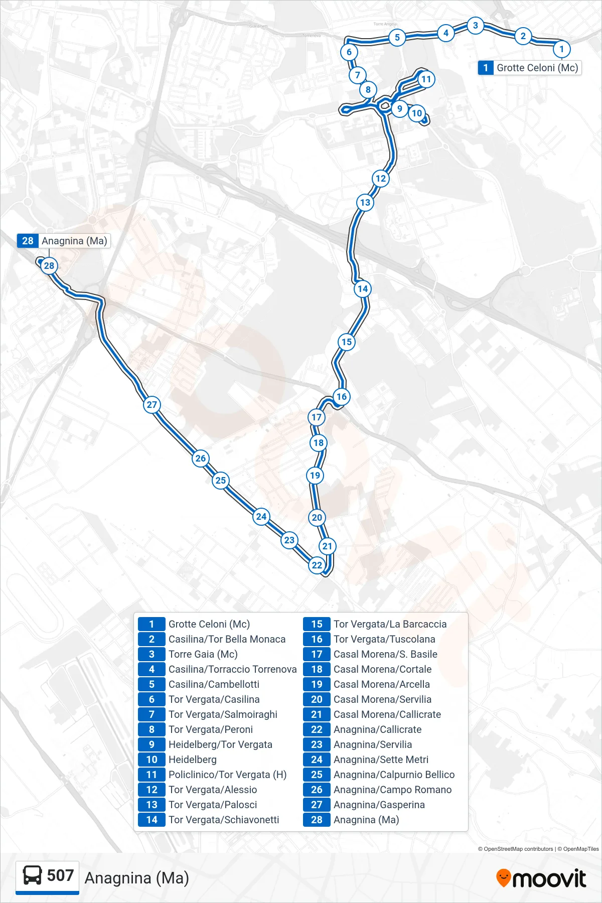 Linea 507 bus (Anagnina (Ma)) - Percorsi e fermate sulla mappa