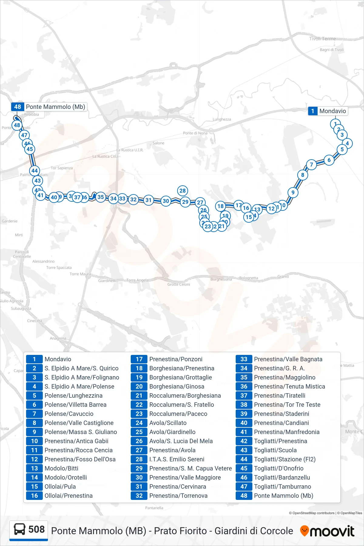 Linea 508 bus (Ponte Mammolo (Mb)) - Percorsi e fermate sulla mappa