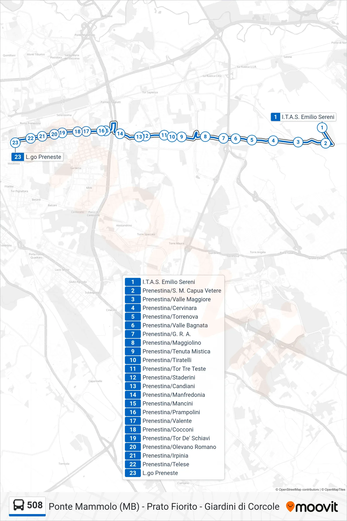 Linea 508 bus (L.go Preneste) - Percorsi e fermate sulla mappa