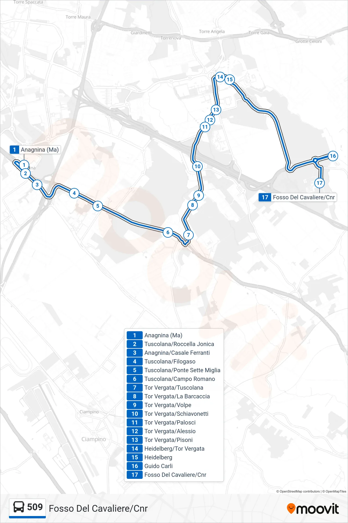 Linea 509 bus (Fosso Del Cavaliere/Cnr) - Percorsi e fermate sulla mappa