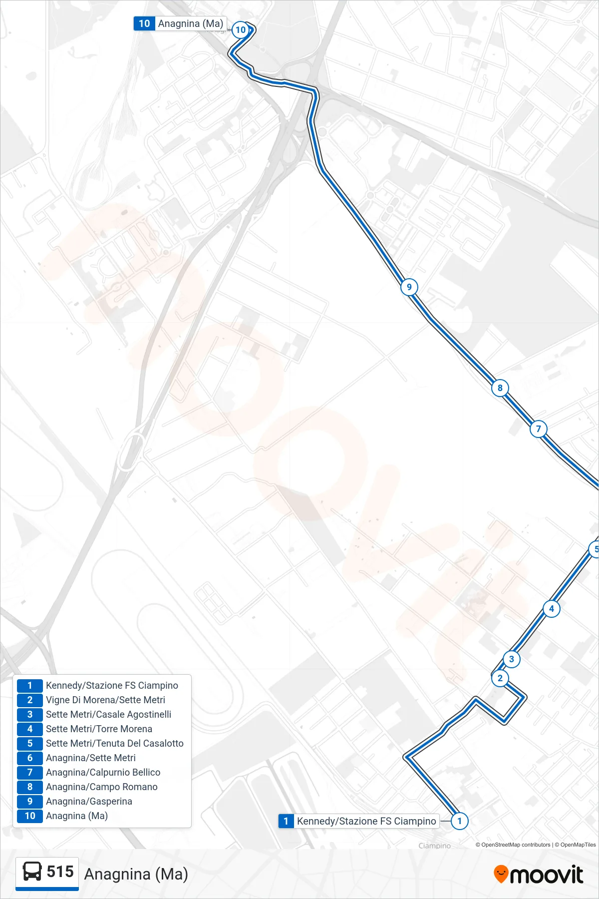 Linea 515 bus (Anagnina (Ma)) - Percorsi e fermate sulla mappa