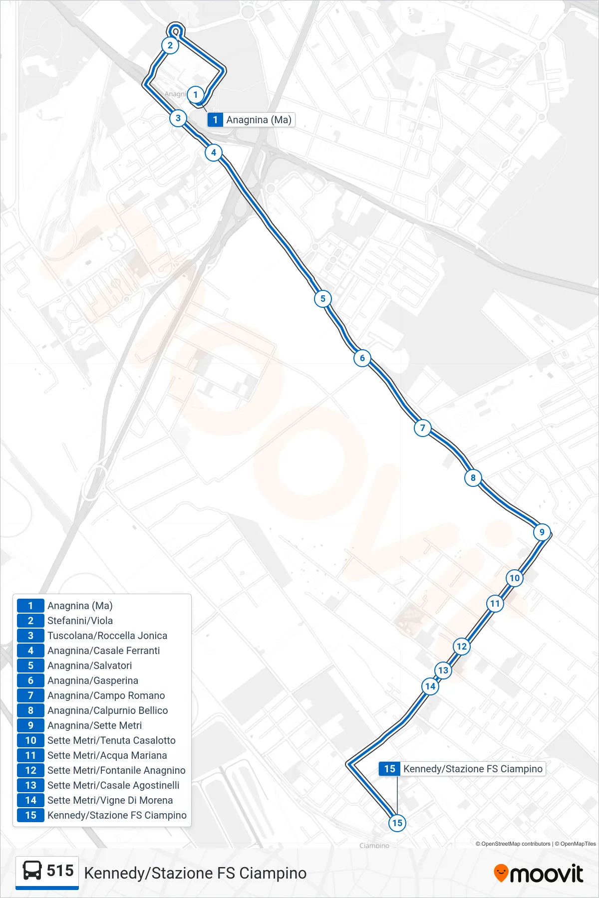 515 bus Line (Kennedy/Ciampino Railway Station) route and stops on a map
