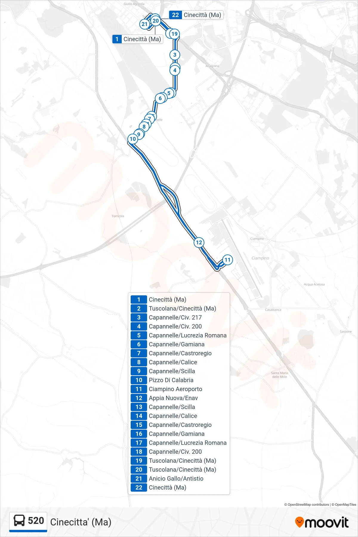 Linea 520 bus (Cinecitta' (Ma)) - Percorsi e fermate sulla mappa
