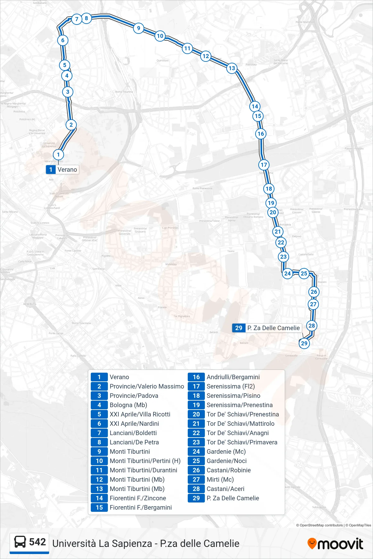 Linea 542 bus (P. Za Delle Camelie) - Percorsi e fermate sulla mappa