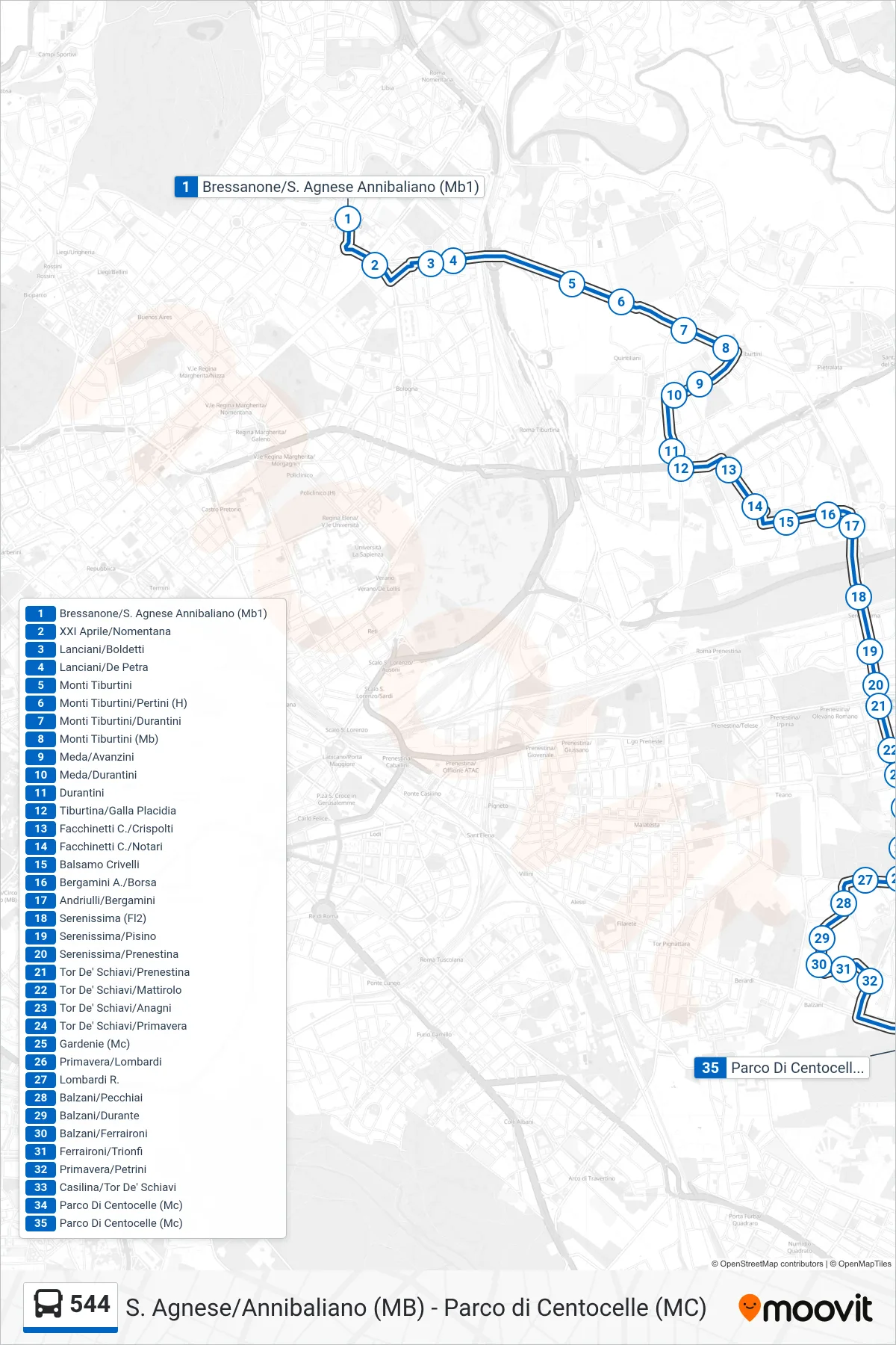 Linea 544 bus (Parco Di Centocelle (Mc)) - Percorsi e fermate sulla mappa