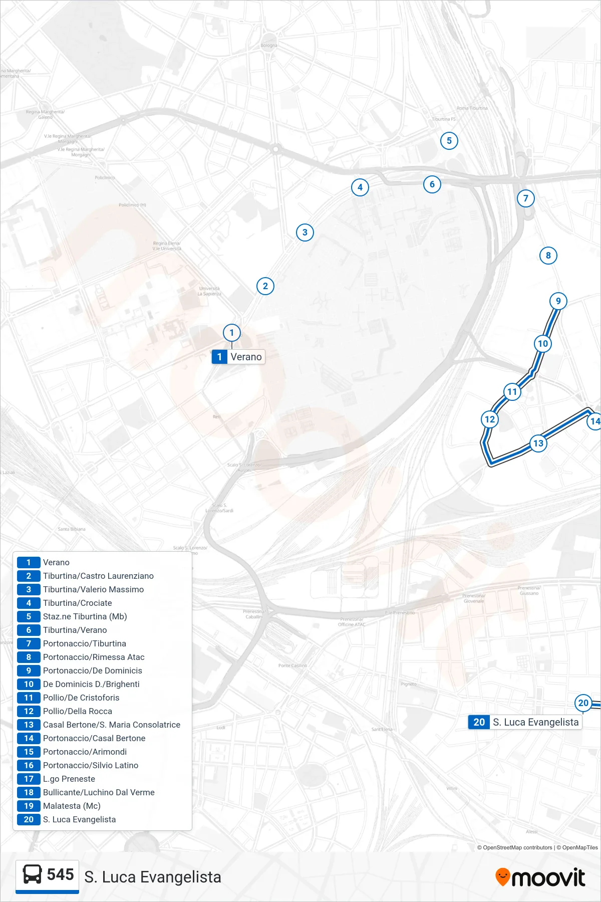 Linea 545 bus (S. Luca Evangelista) - Percorsi e fermate sulla mappa