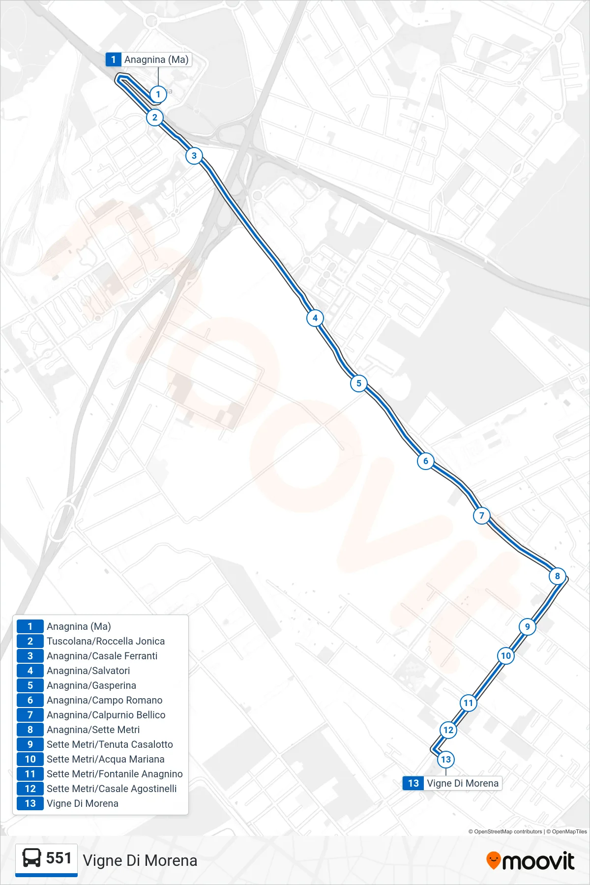 Linea 551 bus (Vigne Di Morena) - Percorsi e fermate sulla mappa