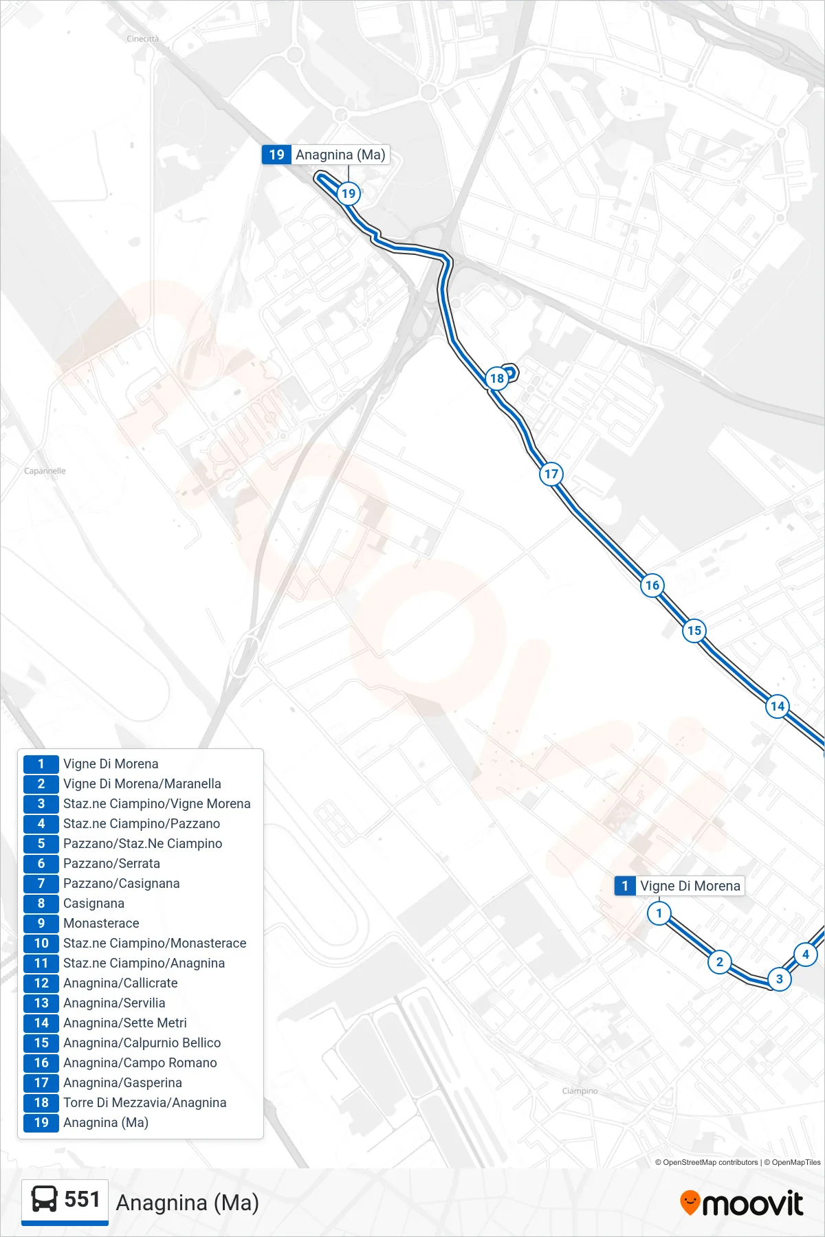 Linea 551 bus (Anagnina (Ma)) - Percorsi e fermate sulla mappa