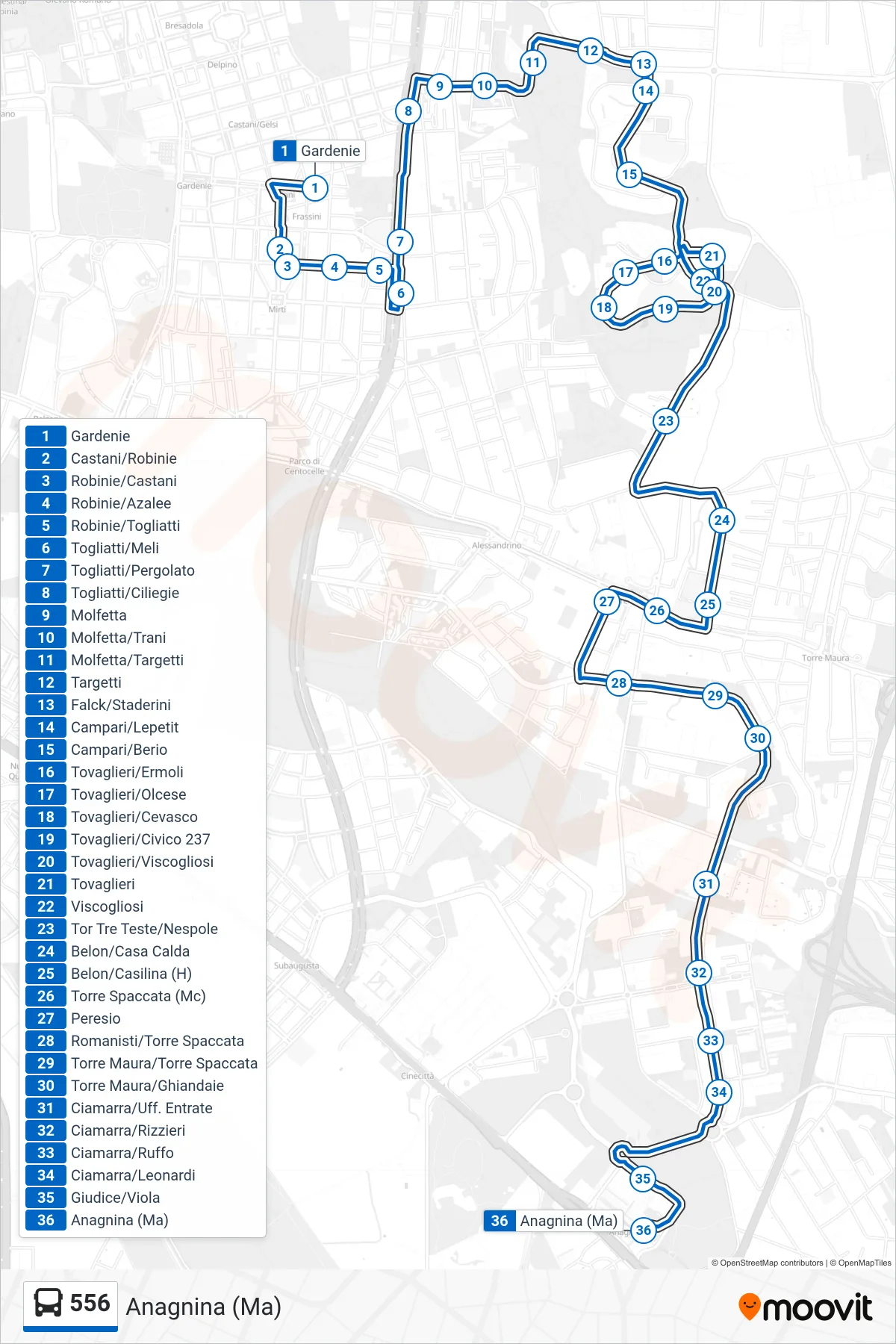 Linea 556 bus (Anagnina (Ma)) - Percorsi e fermate sulla mappa