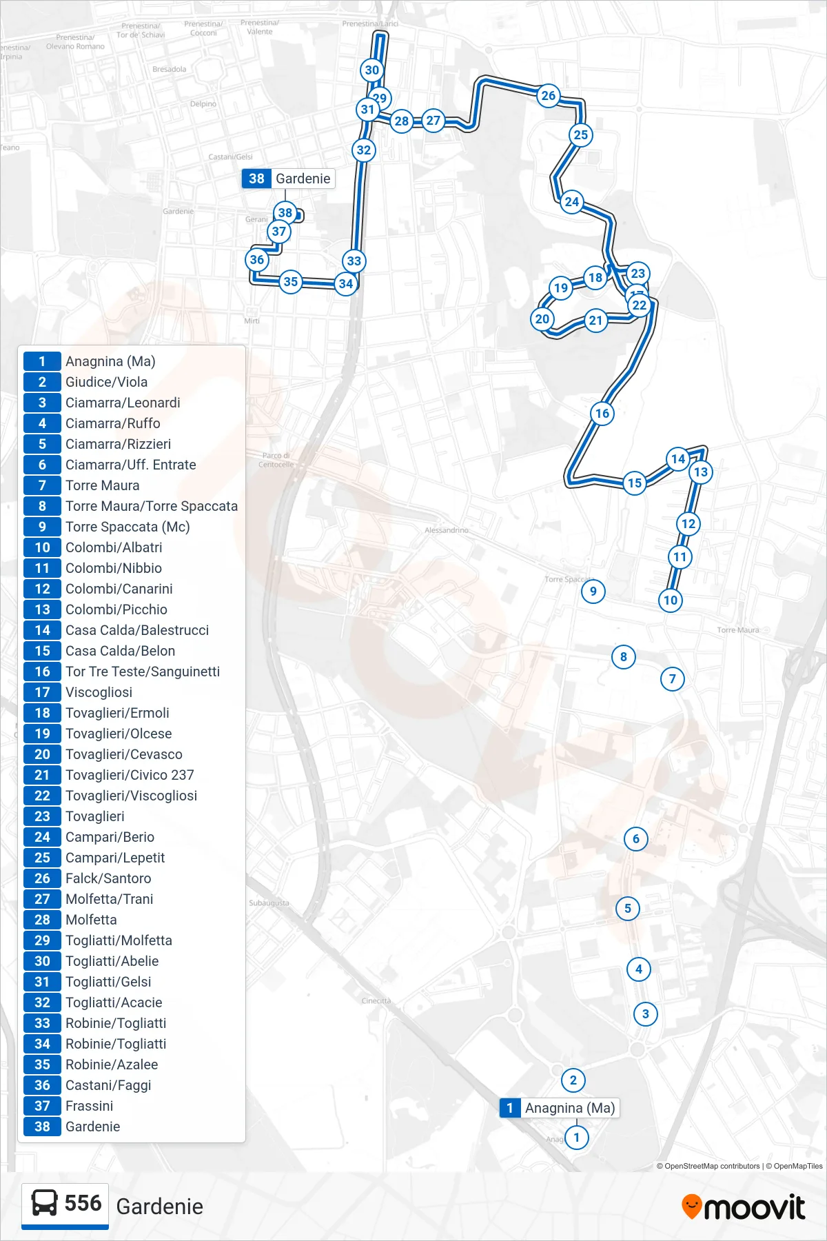Linea 556 bus (Gardenie) - Percorsi e fermate sulla mappa