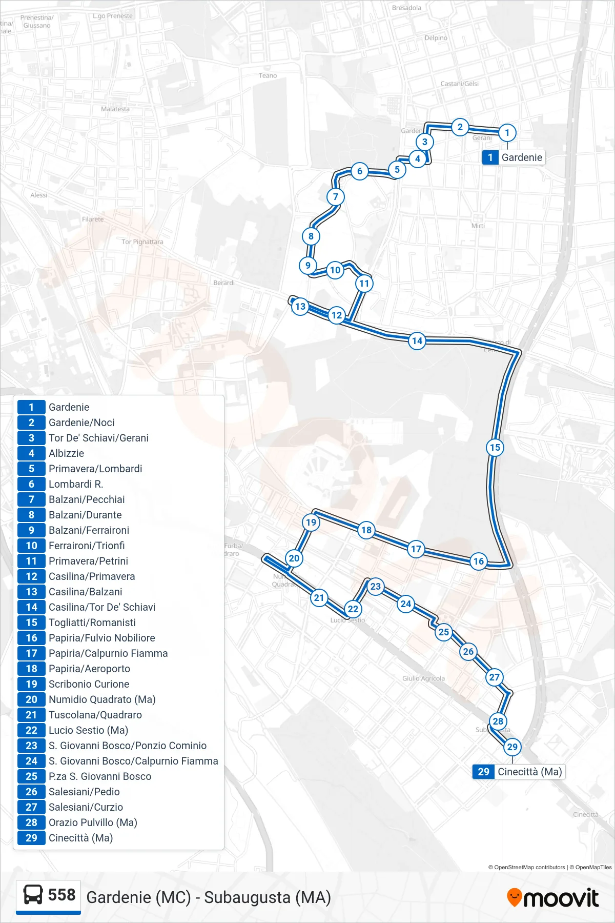 Linea 558 bus (Cinecitta' (Ma)) - Percorsi e fermate sulla mappa