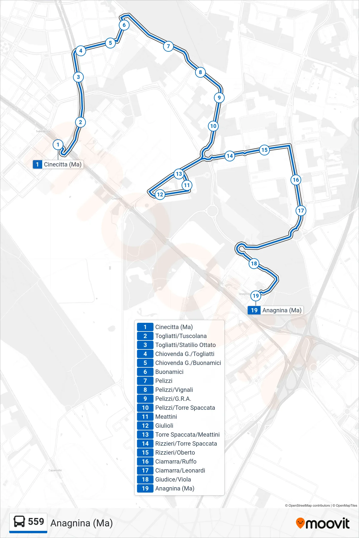 Linea 559 bus (Anagnina (Ma)) - Percorsi e fermate sulla mappa