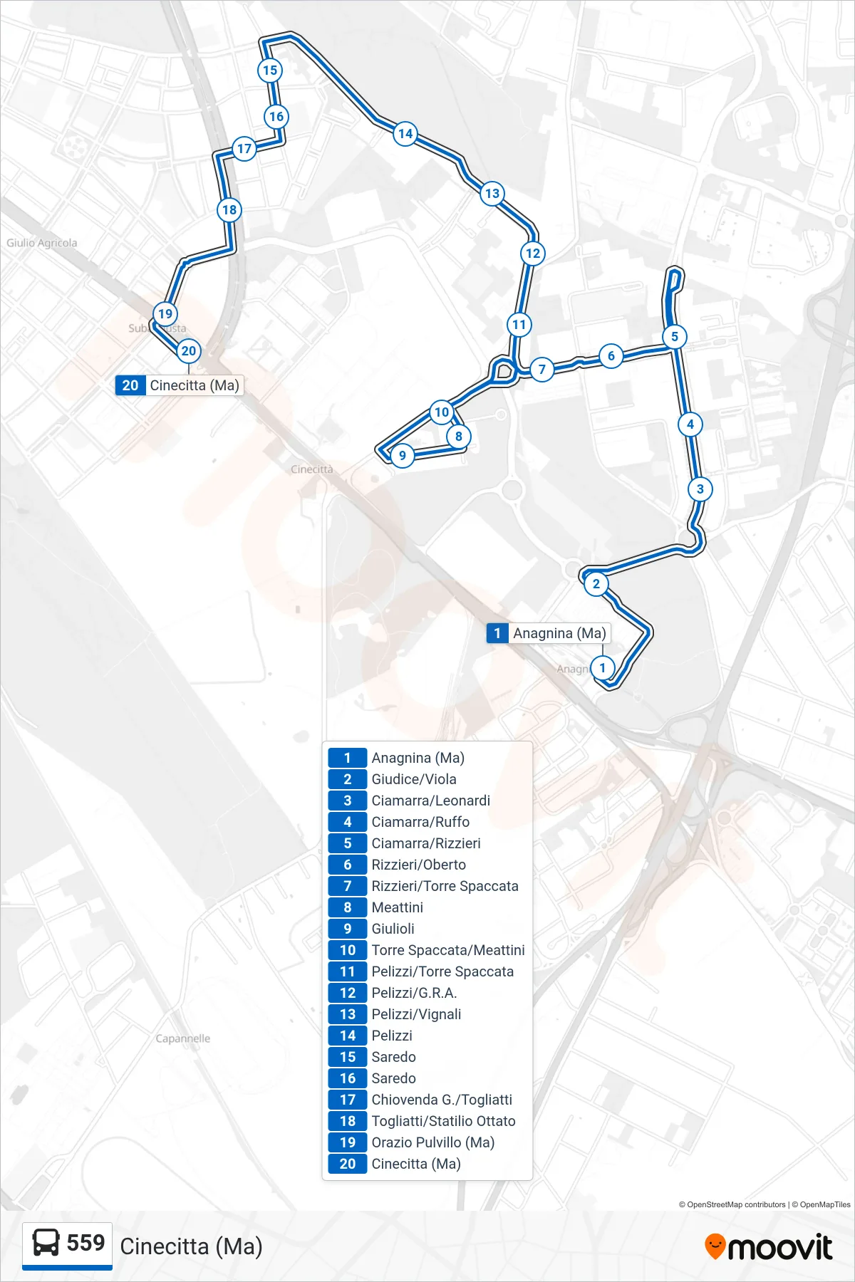 Linea 559  bus (Cinecitta (Ma)) - Percorsi e fermate sulla mappa