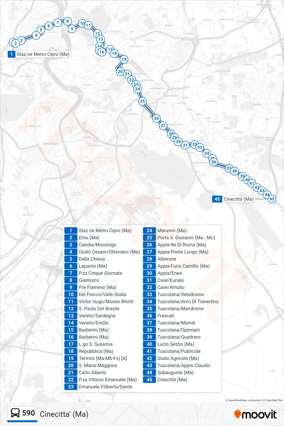 Linea 590 bus (Cinecitta' (Ma)) - Percorsi e fermate sulla mappa