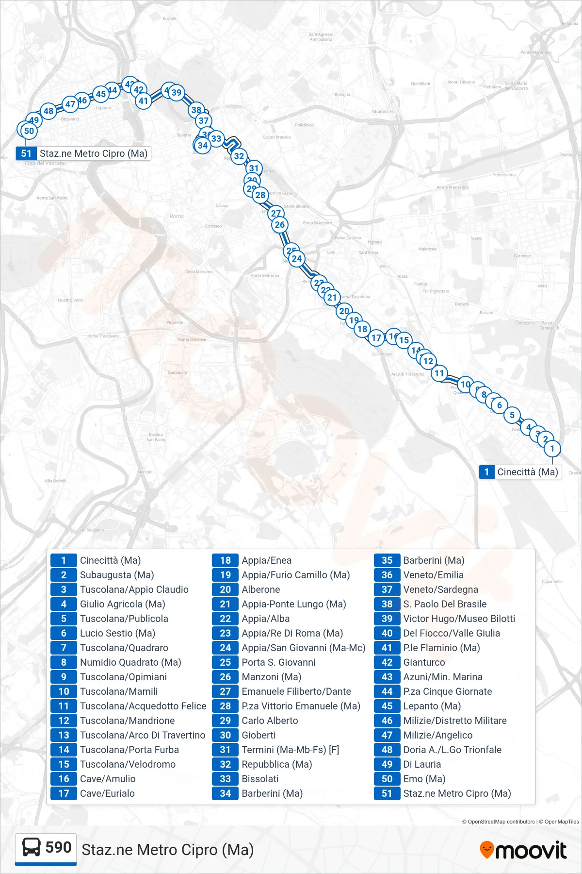 Linea 590 bus (Staz.ne Metro Cipro (Ma)) - Percorsi e fermate sulla mappa