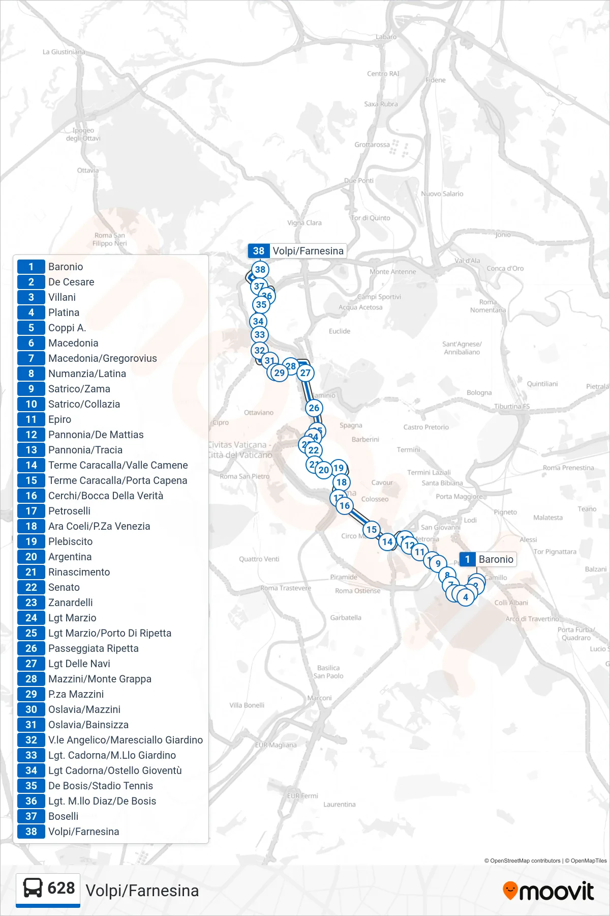 628 bus Line (Volpi/Farnesina) route and stops on a map