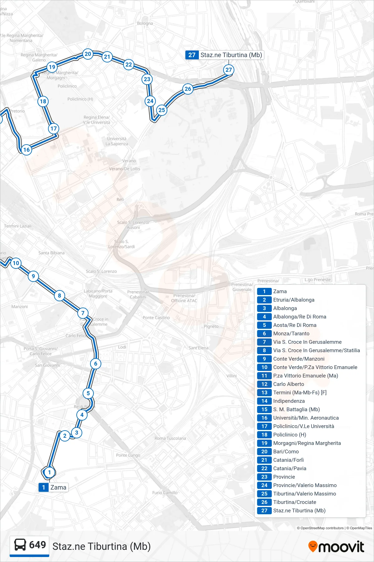 Linea 649 bus (Staz.ne Tiburtina (Mb)) - Percorsi e fermate sulla mappa