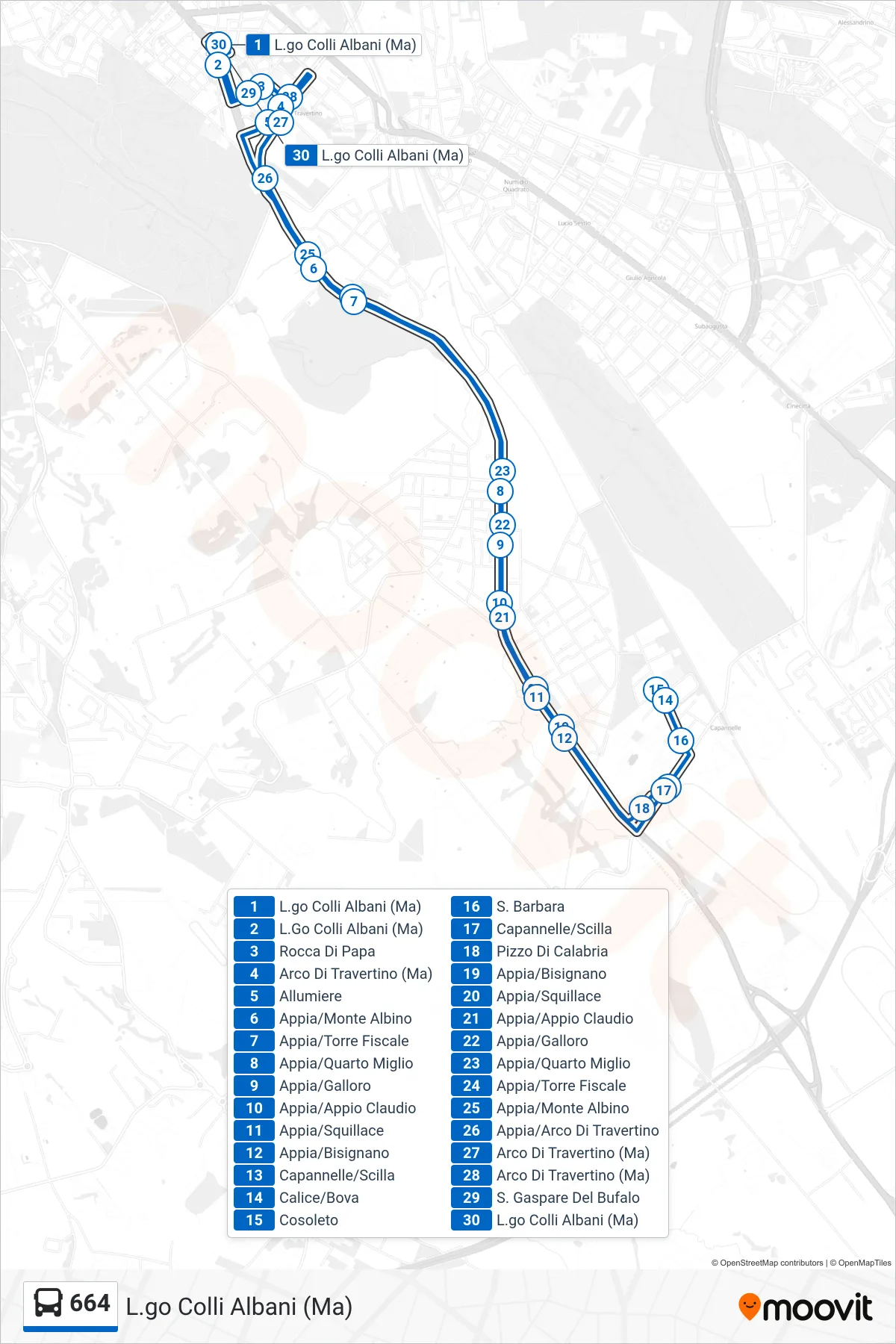Linea 664 bus (L.go Colli Albani (Ma)) - Percorsi e fermate sulla mappa