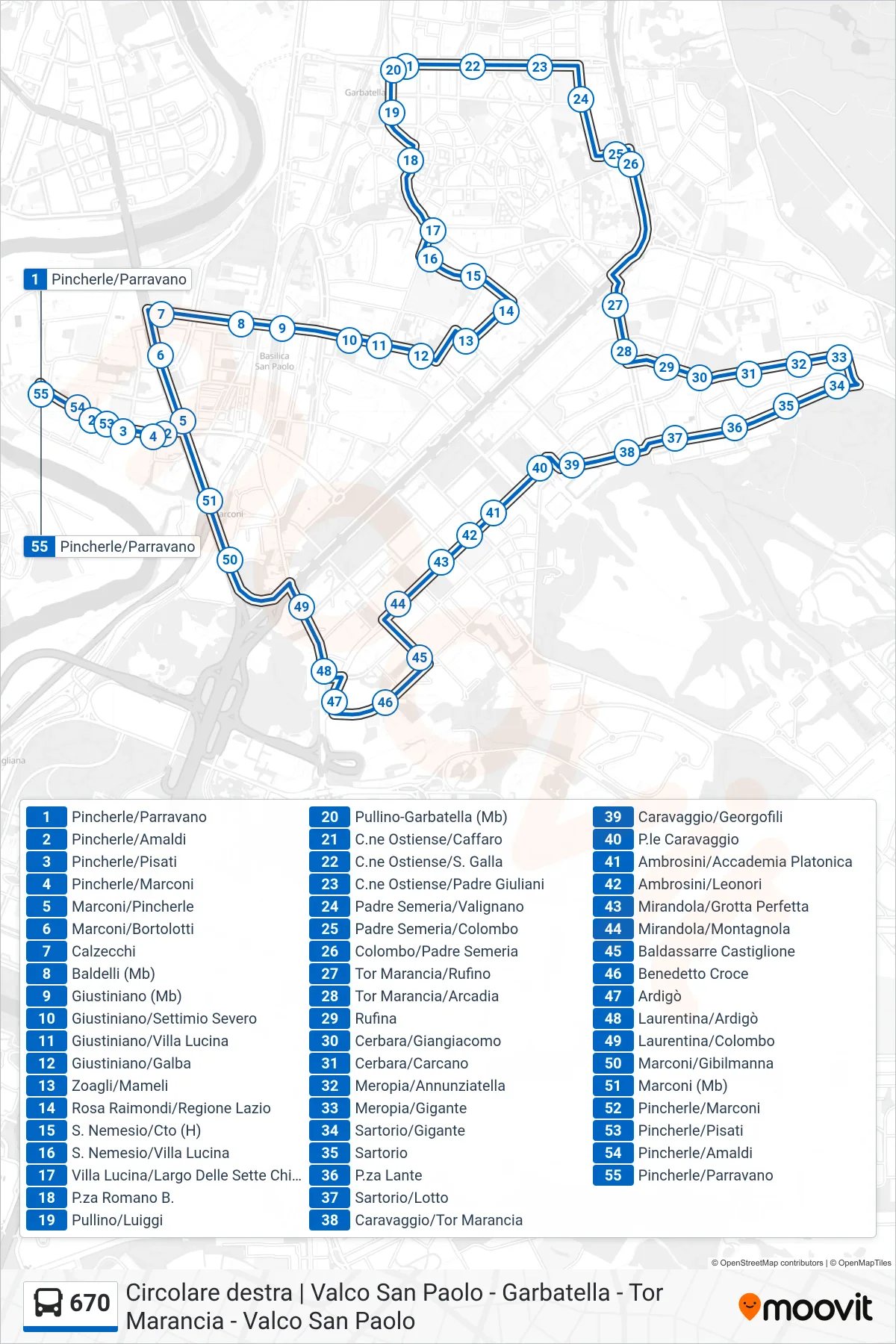 Linea 670  bus (Pincherle/Parravano) - Percorsi e fermate sulla mappa