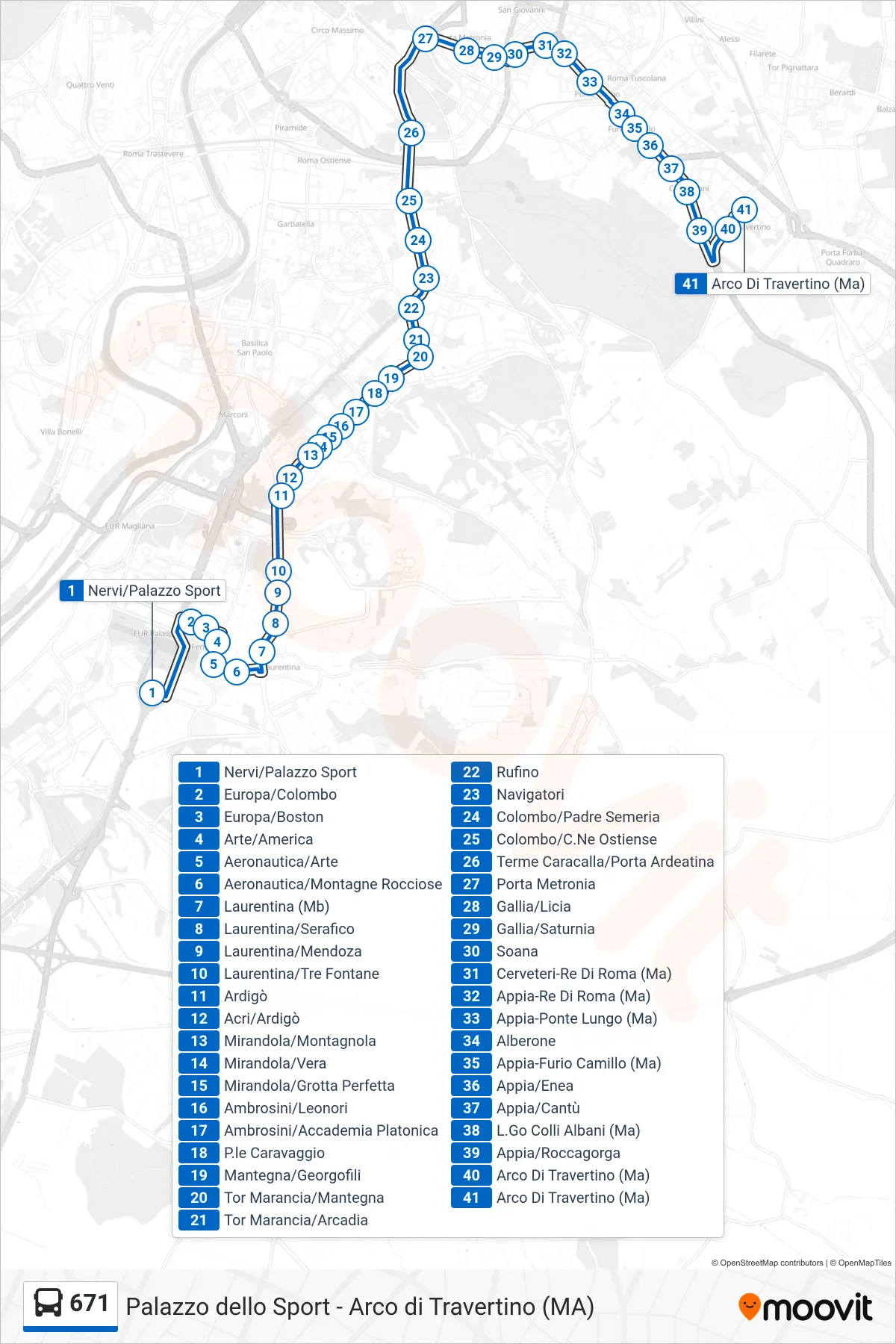 Linea 671  bus (Arco Di Travertino (Ma)) - Percorsi e fermate sulla mappa