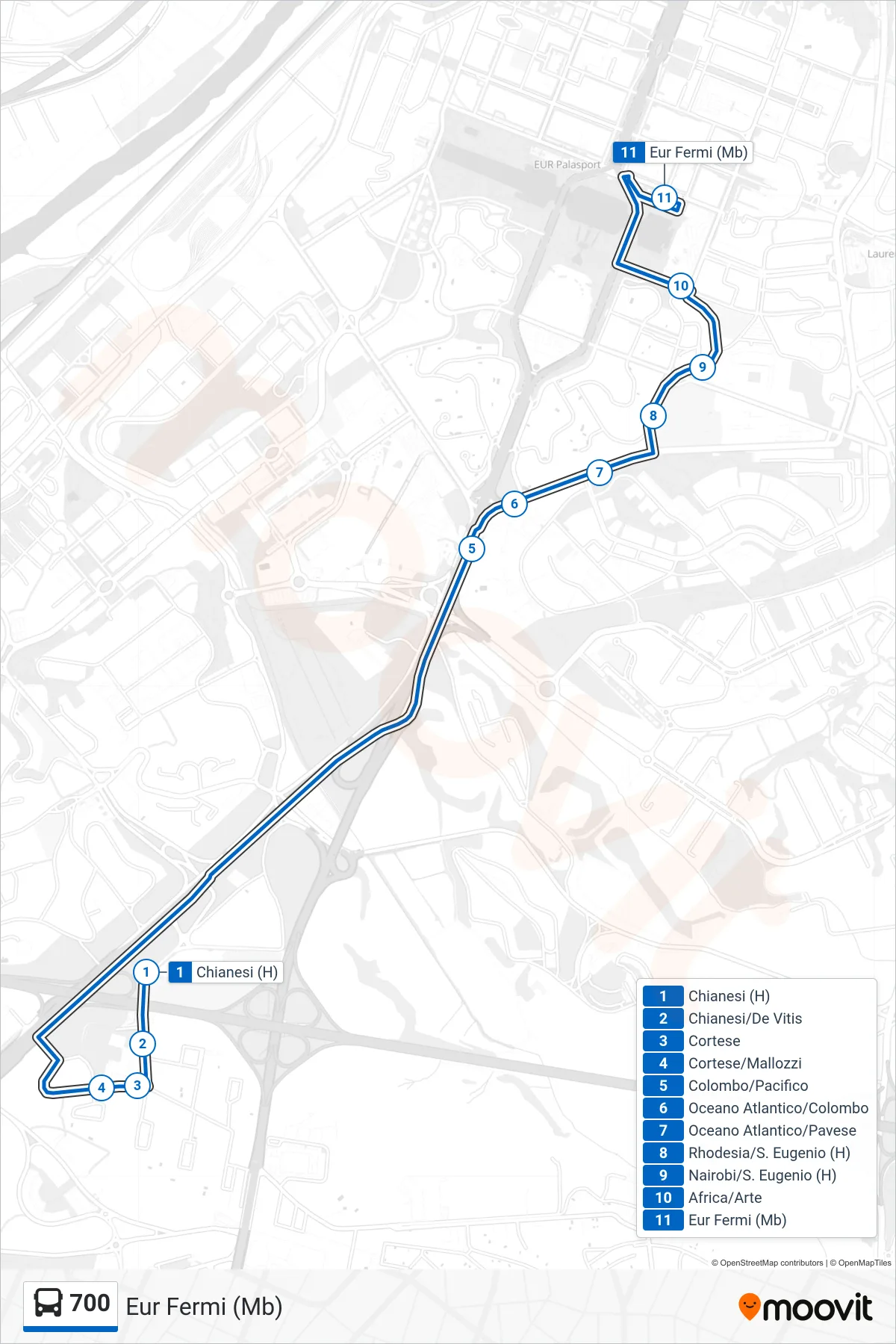 Linea 700 bus (Eur Fermi (Mb)) - Percorsi e fermate sulla mappa