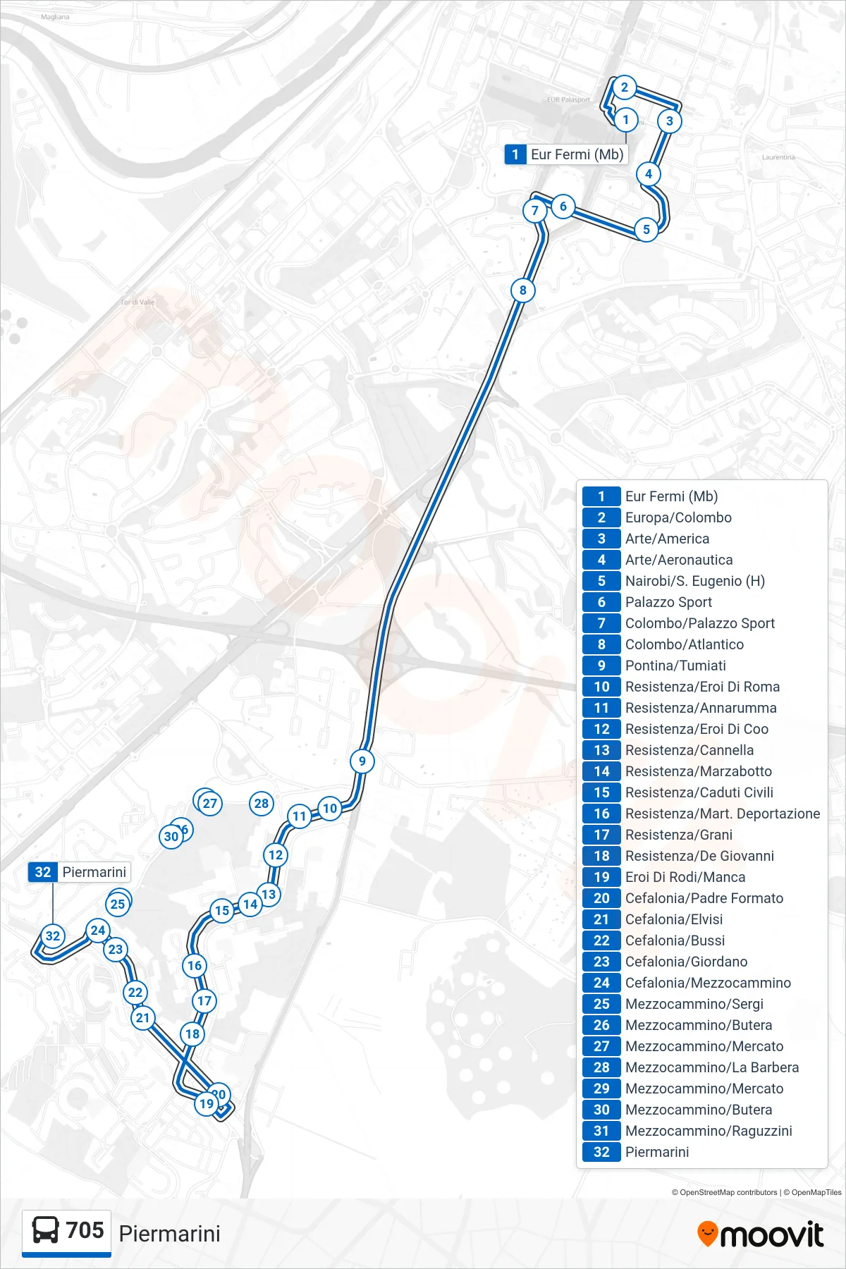 Linea 705 bus (Piermarini) - Percorsi e fermate sulla mappa