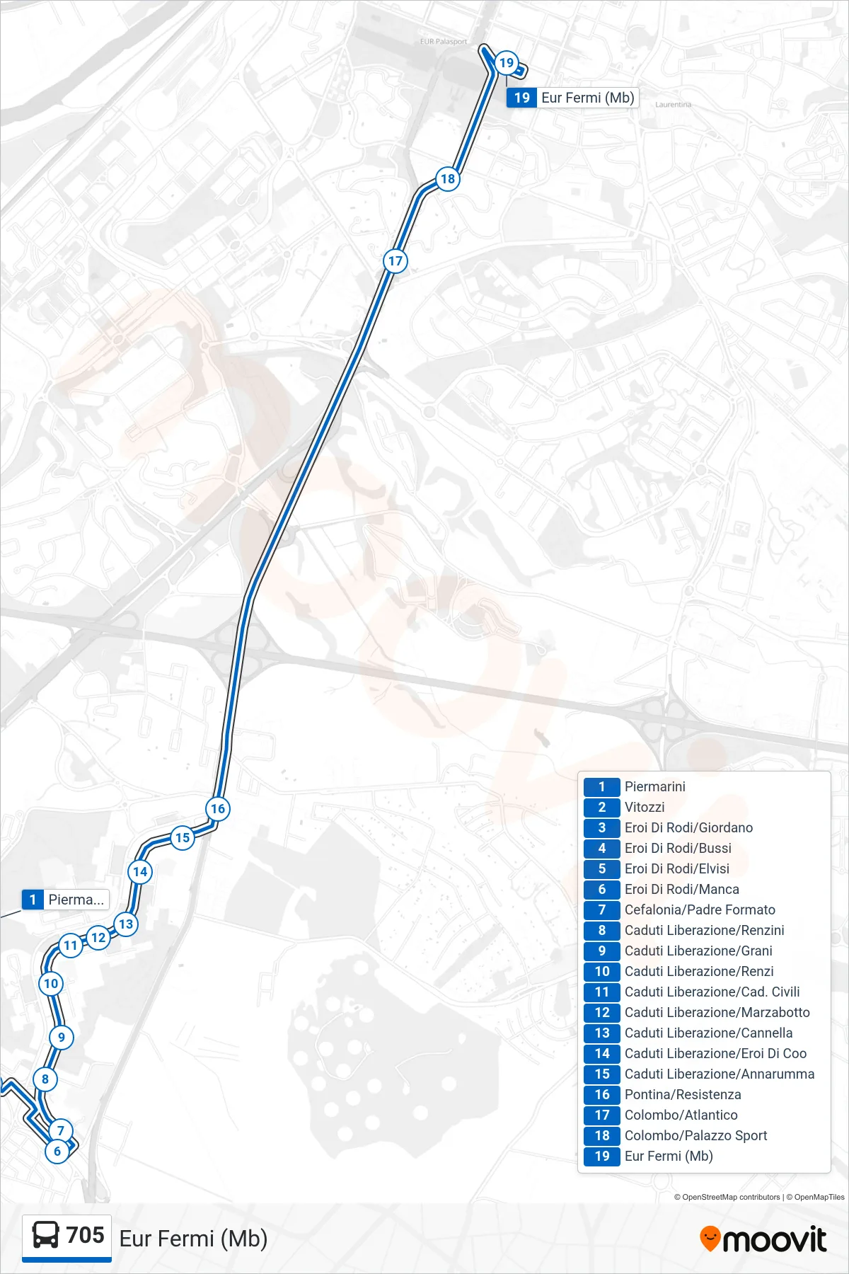 Linea 705 bus (Eur Fermi (Mb)) - Percorsi e fermate sulla mappa