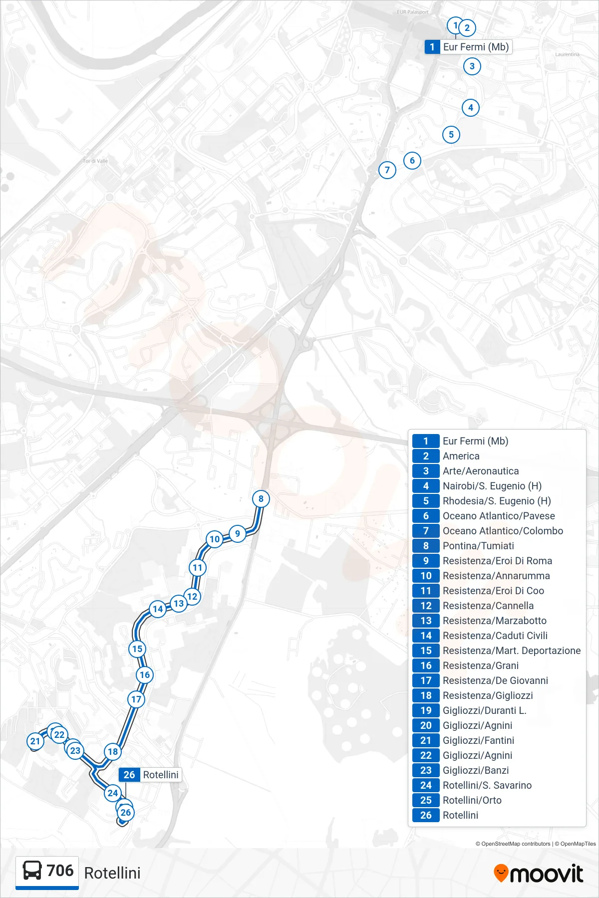 706 bus Line (Rotellini) route and stops on a map