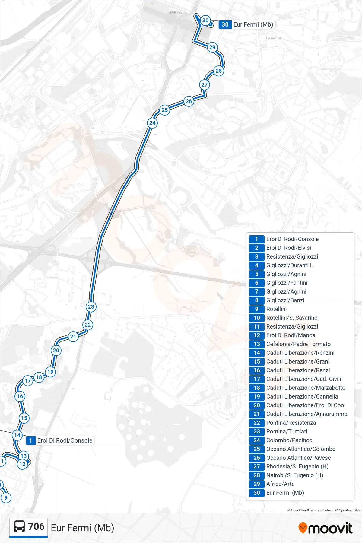 Linea 706 bus (Eur Fermi (Mb)) - Percorsi e fermate sulla mappa
