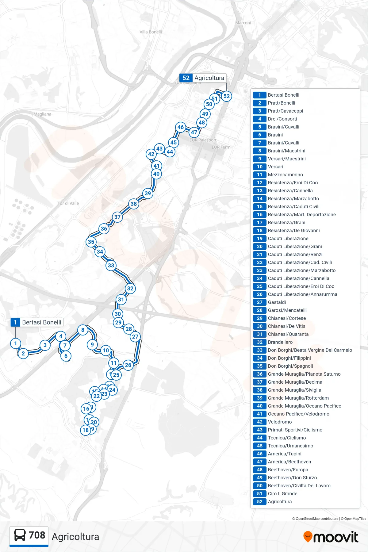 Linea 708 bus (Agricoltura) - Percorsi e fermate sulla mappa