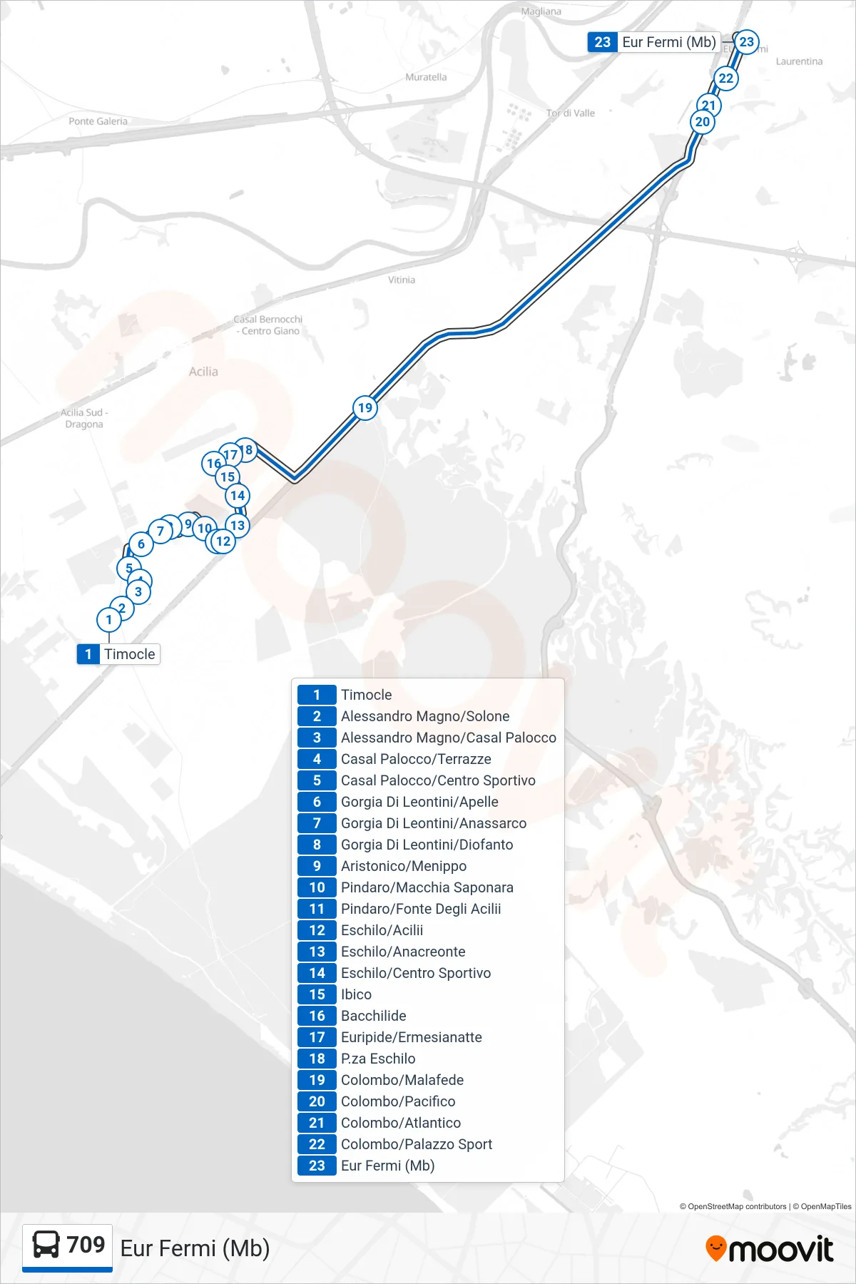Linea 709 bus (Eur Fermi (Mb)) - Percorsi e fermate sulla mappa