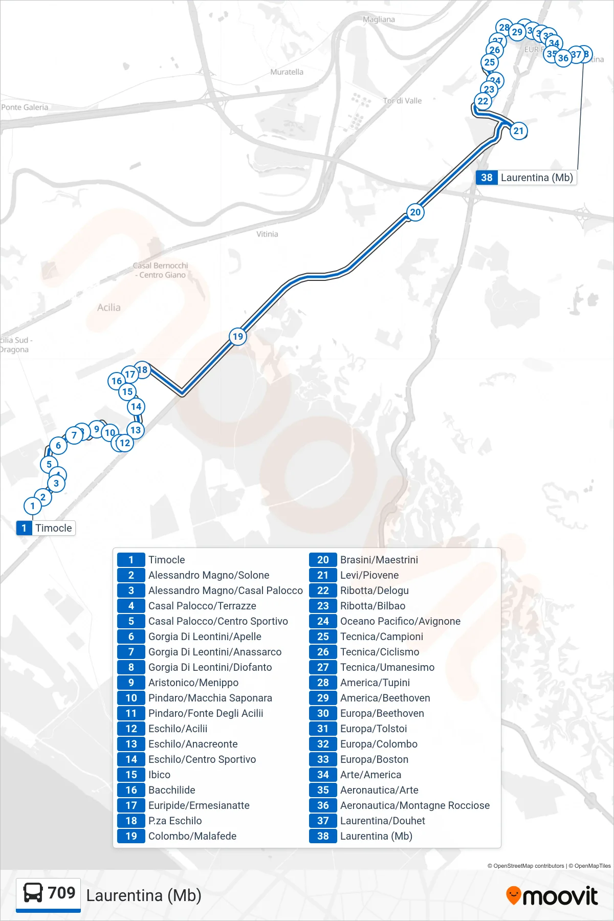 Linea 709 bus (Laurentina (Mb)) - Percorsi e fermate sulla mappa