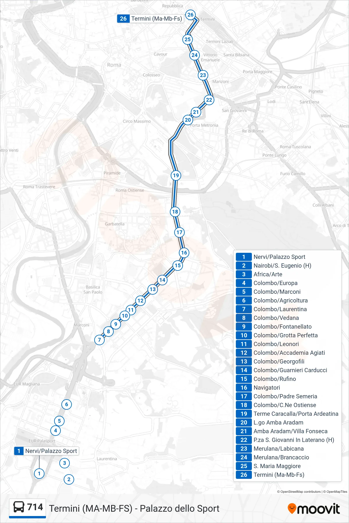 714 bus Line (Termini (Metro A-Metro B-Railway)) route and stops on a map