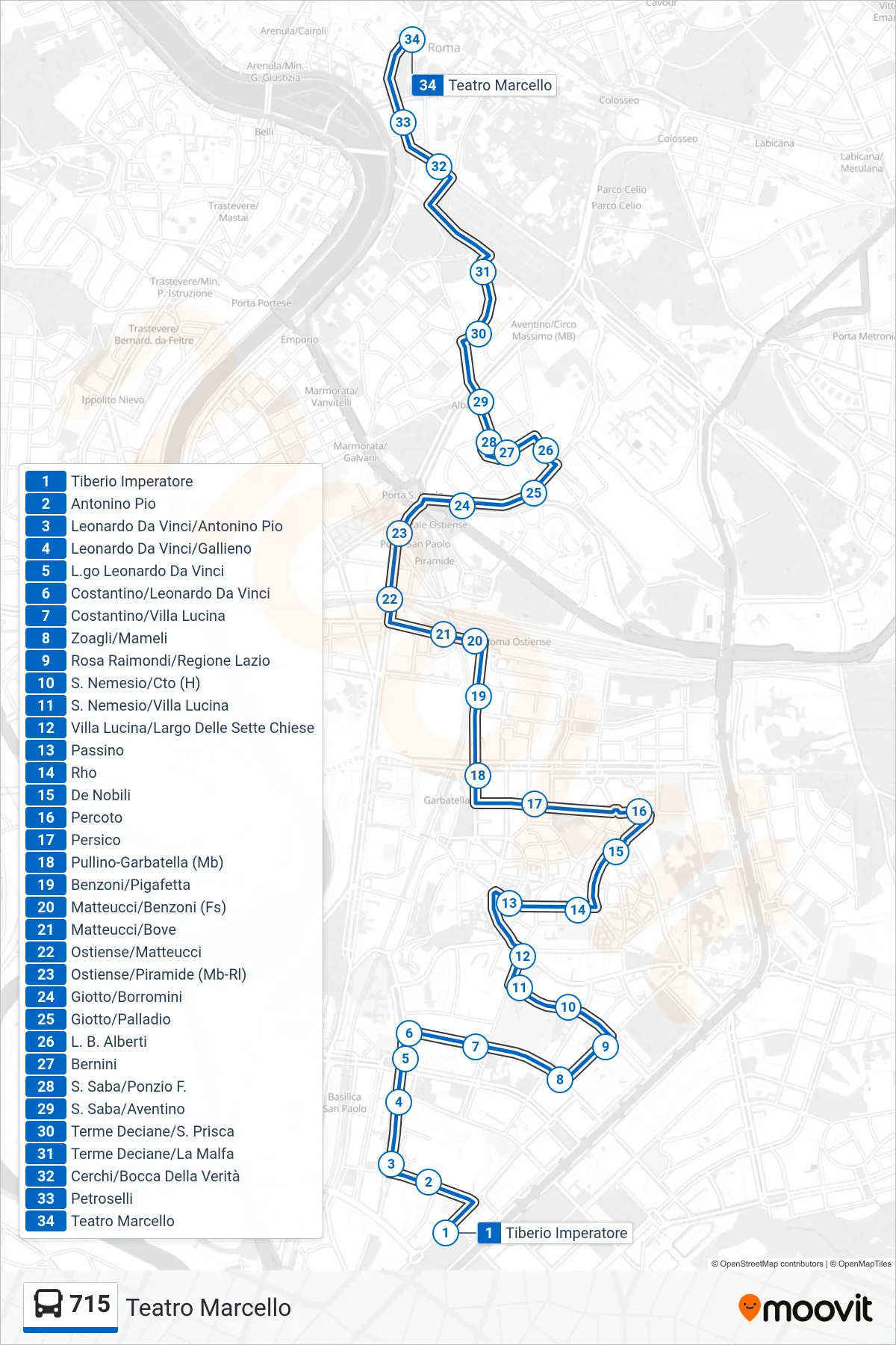 715 bus Line (Teatro Marcello) route and stops on a map